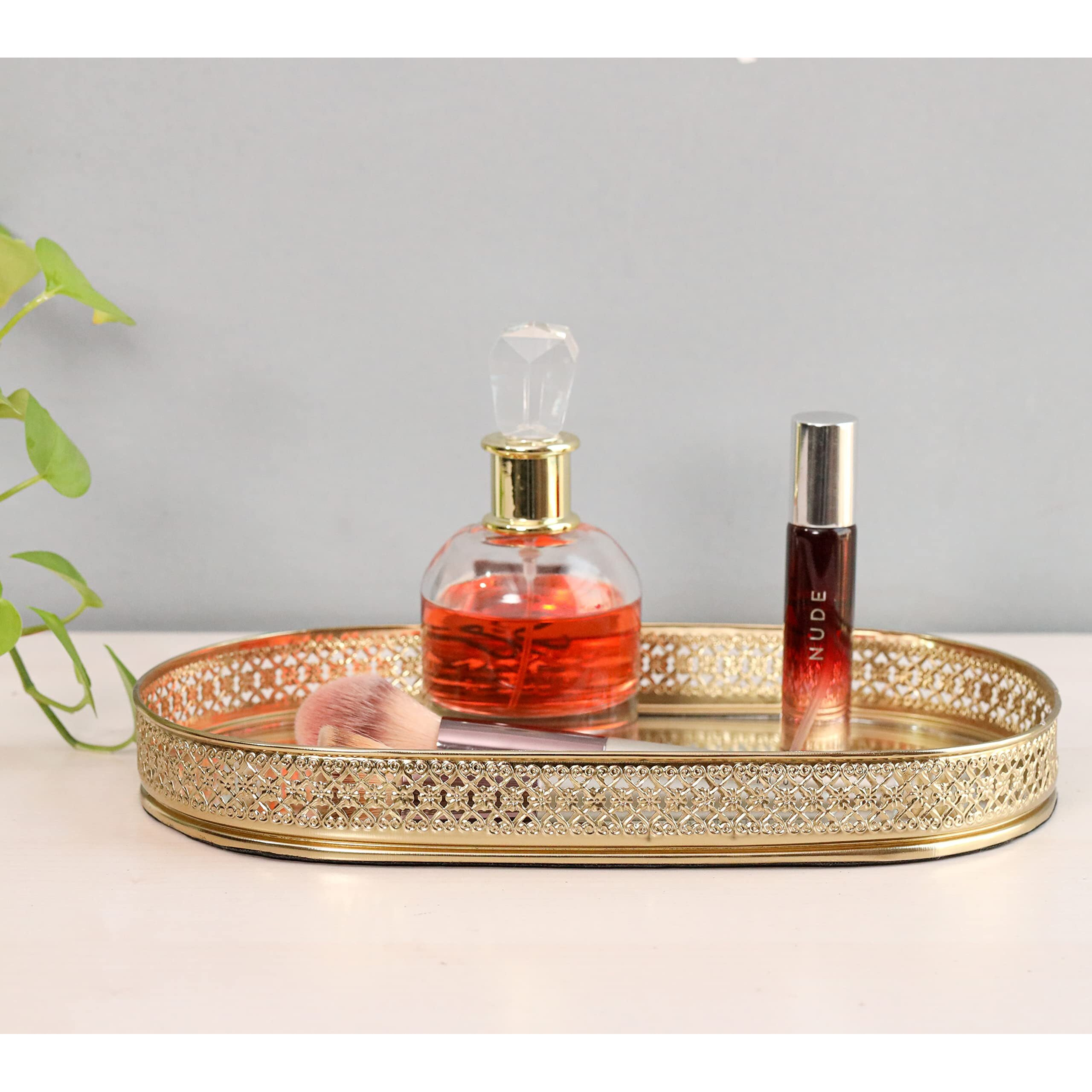Craft Brio -A TRENDY HANDICRAFTS Oval Glass Mirror Gold Plated Tray Decorative Vanity Perfume Storage Pooja Wedding Diwali Gifting Trays (28 X 16 cm)
