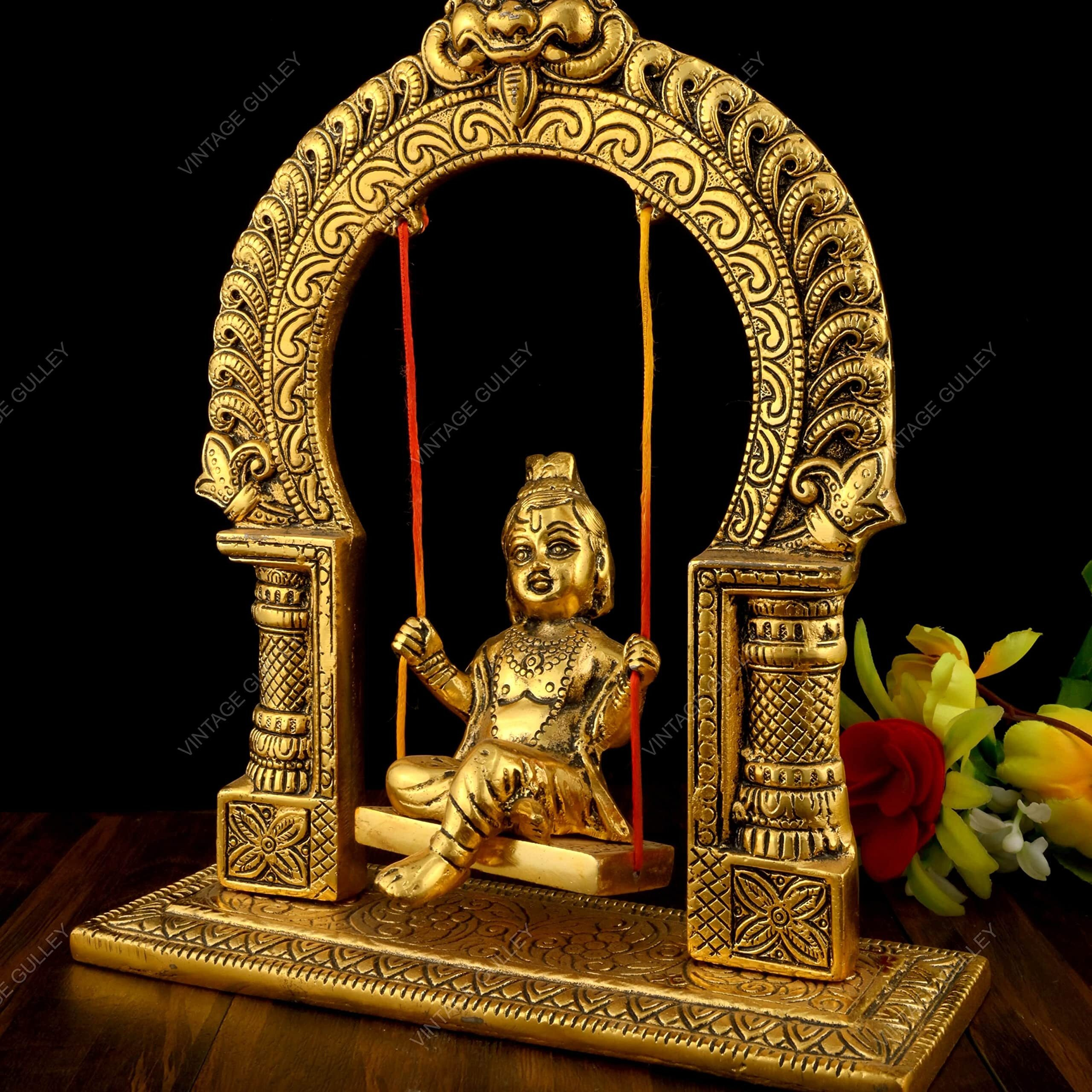 Vintage Gulley White Metal Golden Oxidized Krishna on Swing Decorative Diwali Home Decoration & Gift Item I Krishan I Kanha I Bal Gopal Jhula I Metal