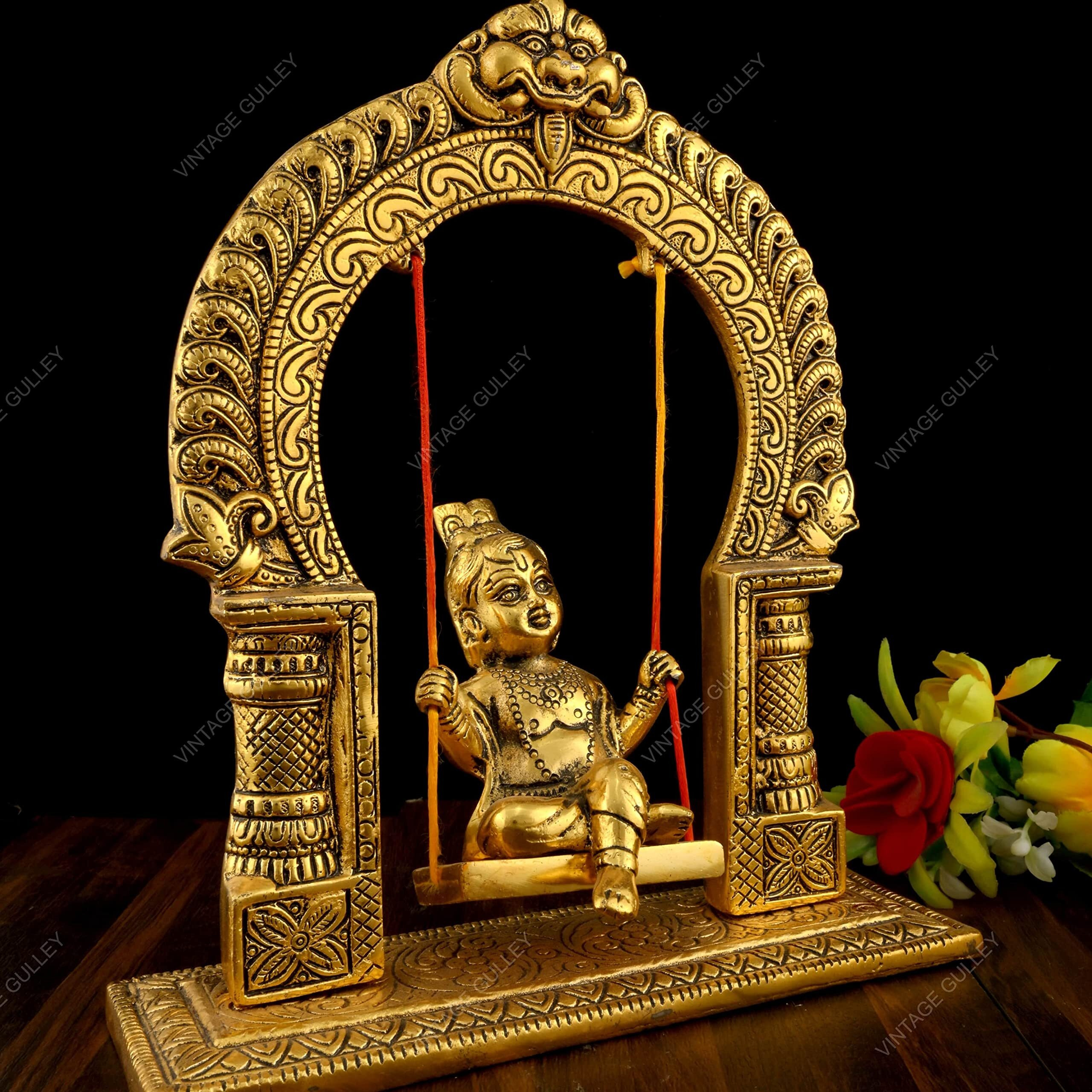 Vintage Gulley White Metal Golden Oxidized Krishna on Swing Decorative Diwali Home Decoration & Gift Item I Krishan I Kanha I Bal Gopal Jhula I Metal