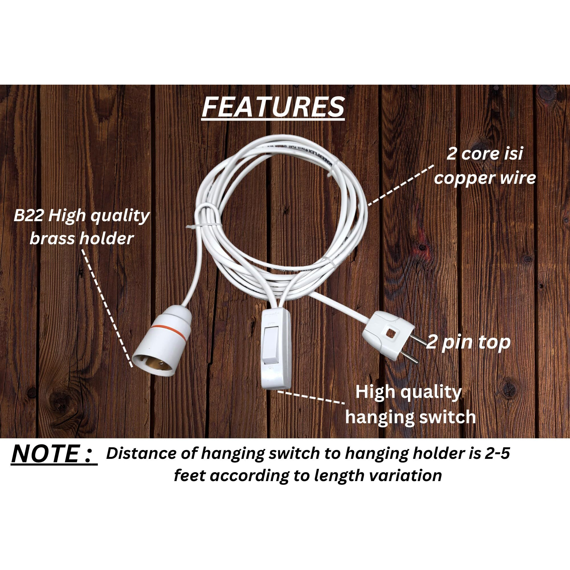 Exquisite Export International B22 Bulb Holder with on/off Pendent Switch & 2 Pin Plug Extension Cable for lamp hanging with flexible Wire for Home Diwali, Christmas Decoration with eBOOK (3 meter)