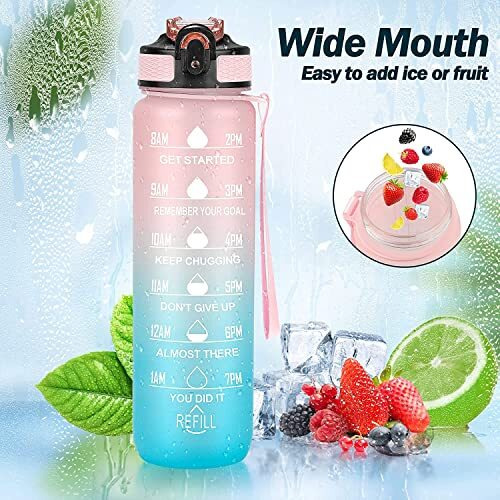NYRWANA Water Bottle, Water Bottle for Office, Plastic Water Bottle 1 Litre, Motivational Sipper Bottle, BPA-free Leak proof Water Bottle, Diwali Gifts (Blue & pink)