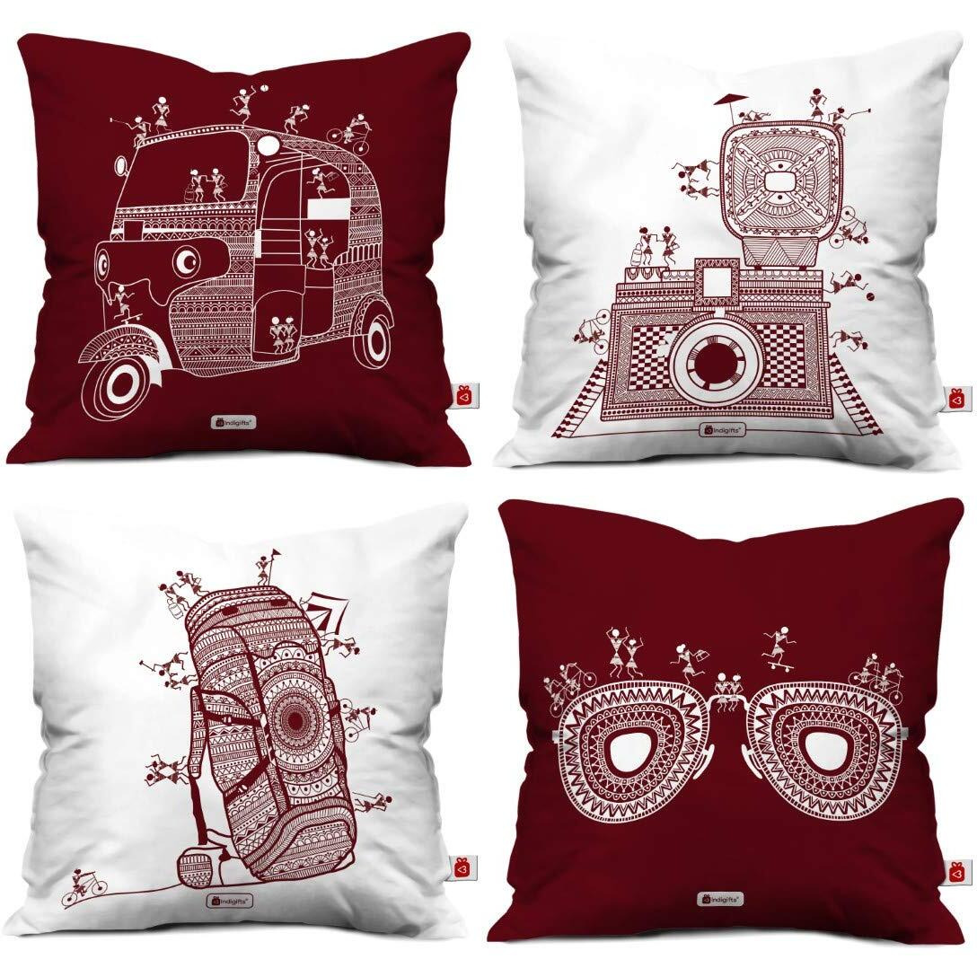 Indigifts Diwali Decoration for Home, Satin Ethnic Small Cushion Covers Travellers Themed Warli Art Digitally Printed Pillows Set of 4 (16x16 Inch)