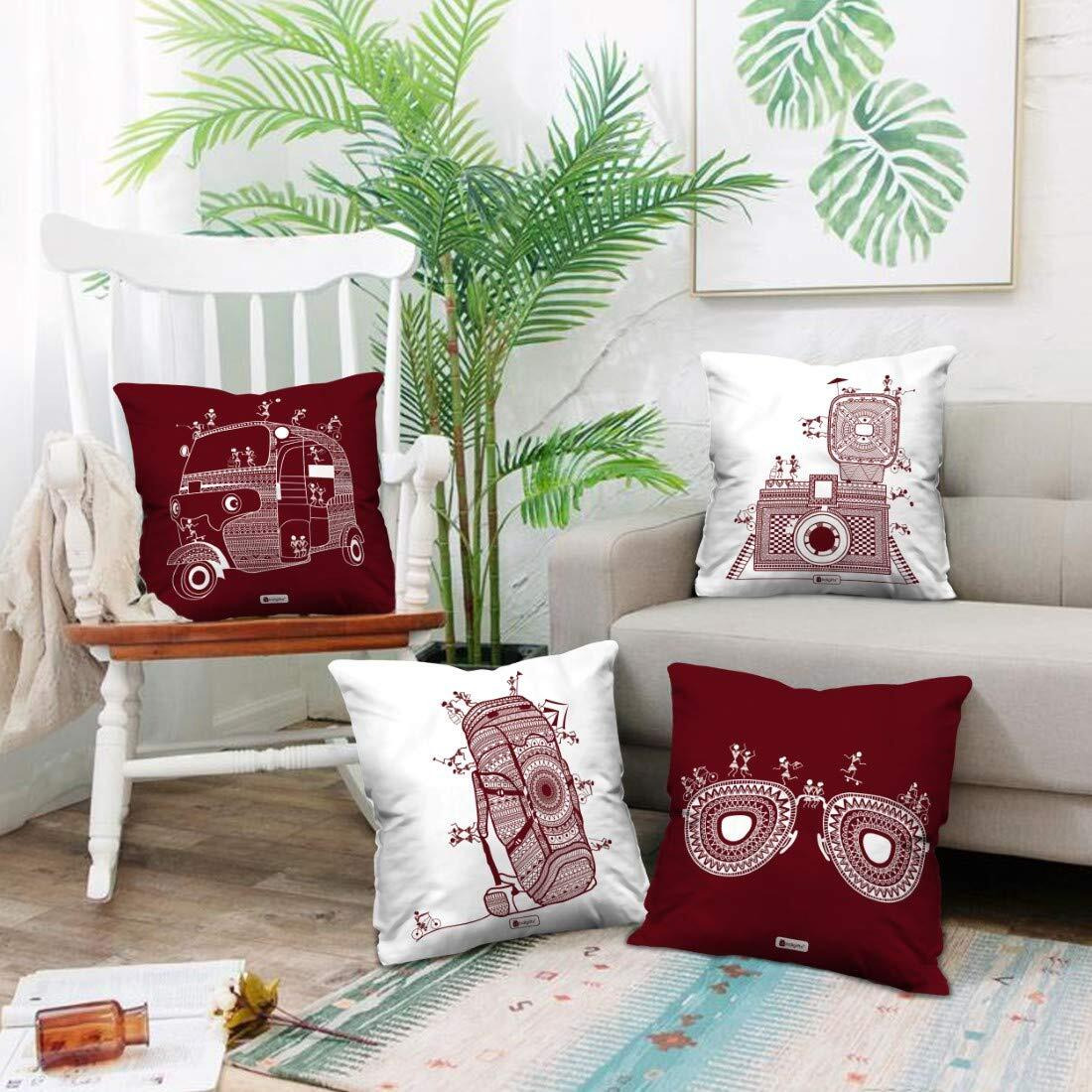Indigifts Diwali Decoration for Home, Satin Ethnic Small Cushion Covers Travellers Themed Warli Art Digitally Printed Pillows Set of 4 (16x16 Inch)