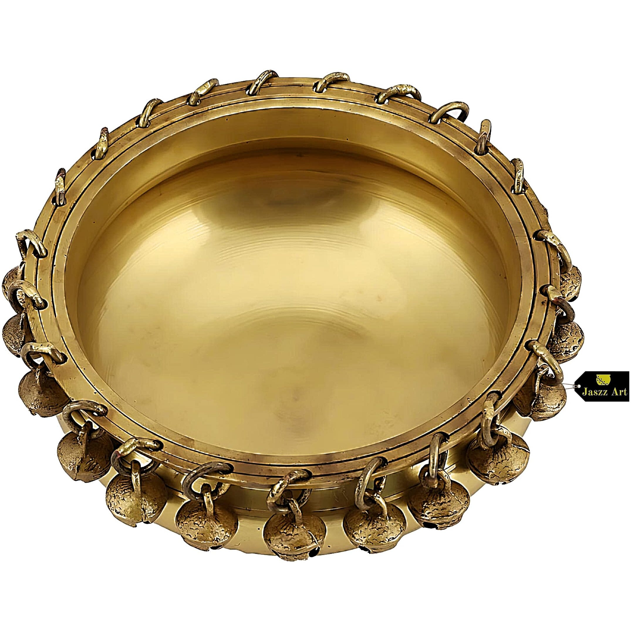 Jaszz Art Brass Urli Bowl with Bells | Uruli Pot for Home Decor Floating Flowers Candle Lamp, Diwali Decoration, Gift, Showpiece (6 inches, 1kg, Golden)