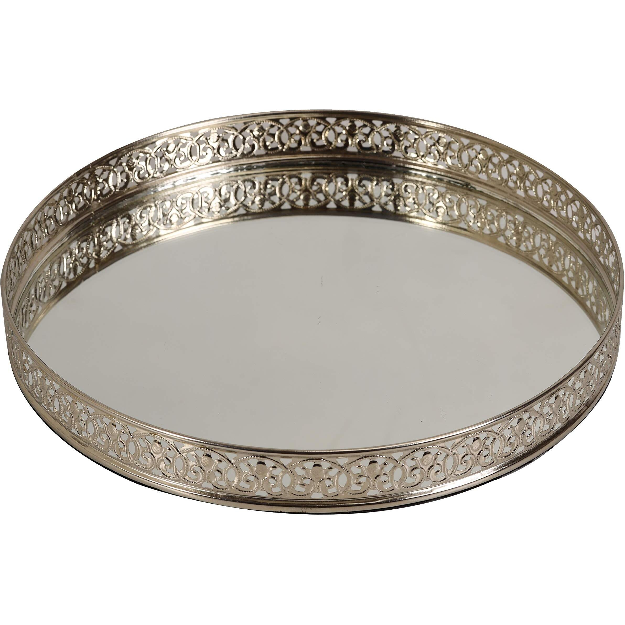 Craft Brio -A TRENDY HANDICRAFTS Nickel Round Decorative Diwali Gifting Tray with Glass Mirror (10 inch Dia, Silvery White)