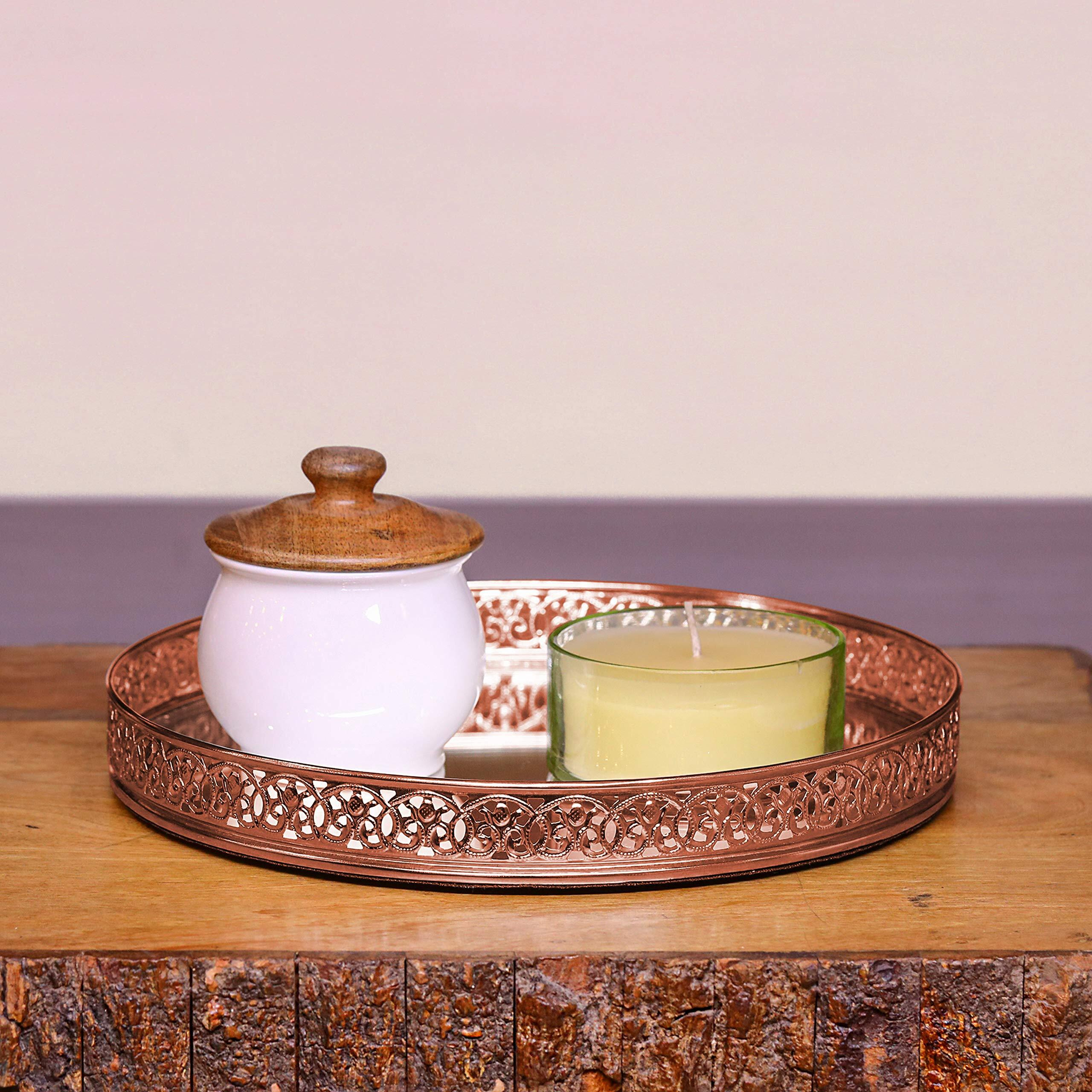 Craft Brio -A TRENDY HANDICRAFTS 10 Dia Copper Plated Metal and Glass Round Decorative Cutting Tray Scratch-Resistant Mirror Vanity Diwali Gifting Hampper