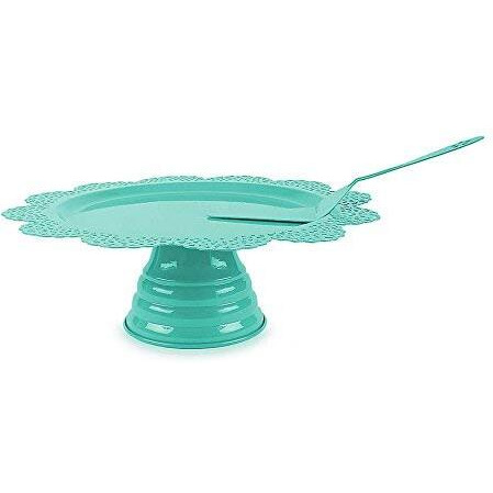 Elan Scallop Teal Cake Stand With Cake Server, Diwali Gifting Cupcake Stand for Party, 13 Inch, Metal (Aqua)