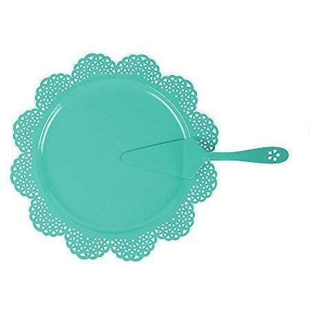 Elan Scallop Teal Cake Stand With Cake Server, Diwali Gifting Cupcake Stand for Party, 13 Inch, Metal (Aqua)
