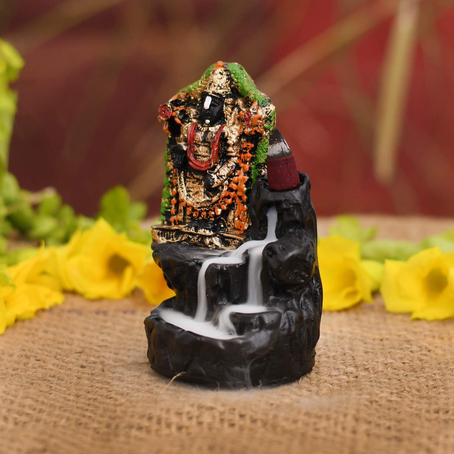 Collectible India Sri Venkateswara Swami Tirupati Balaji Idol Backflow Smoke Fountain with Scented Cone Incenses - Diwali Decoration Items for Home - Diwali Gifts for Family and Friends