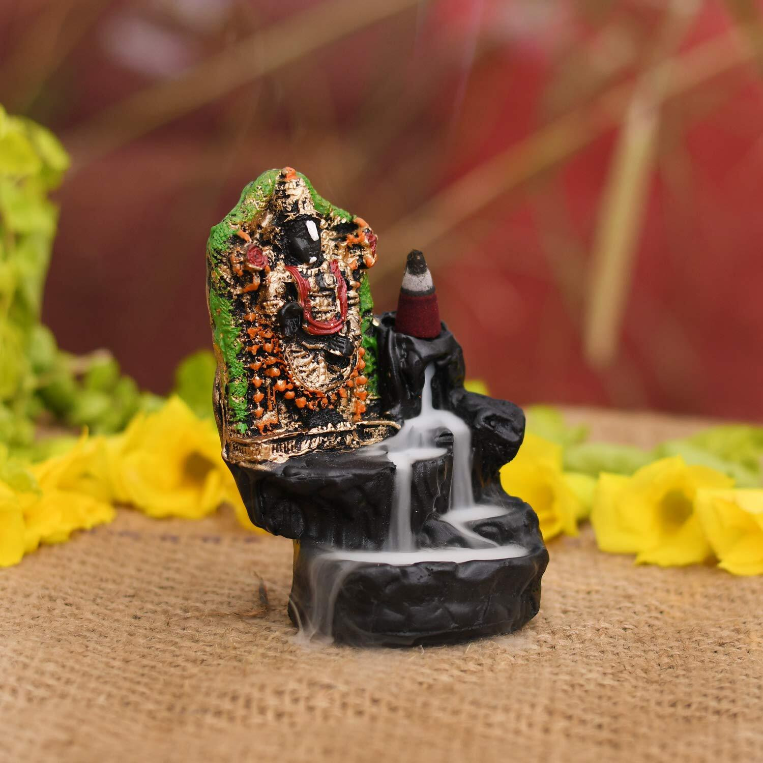 Collectible India Sri Venkateswara Swami Tirupati Balaji Idol Backflow Smoke Fountain with Scented Cone Incenses - Diwali Decoration Items for Home - Diwali Gifts for Family and Friends