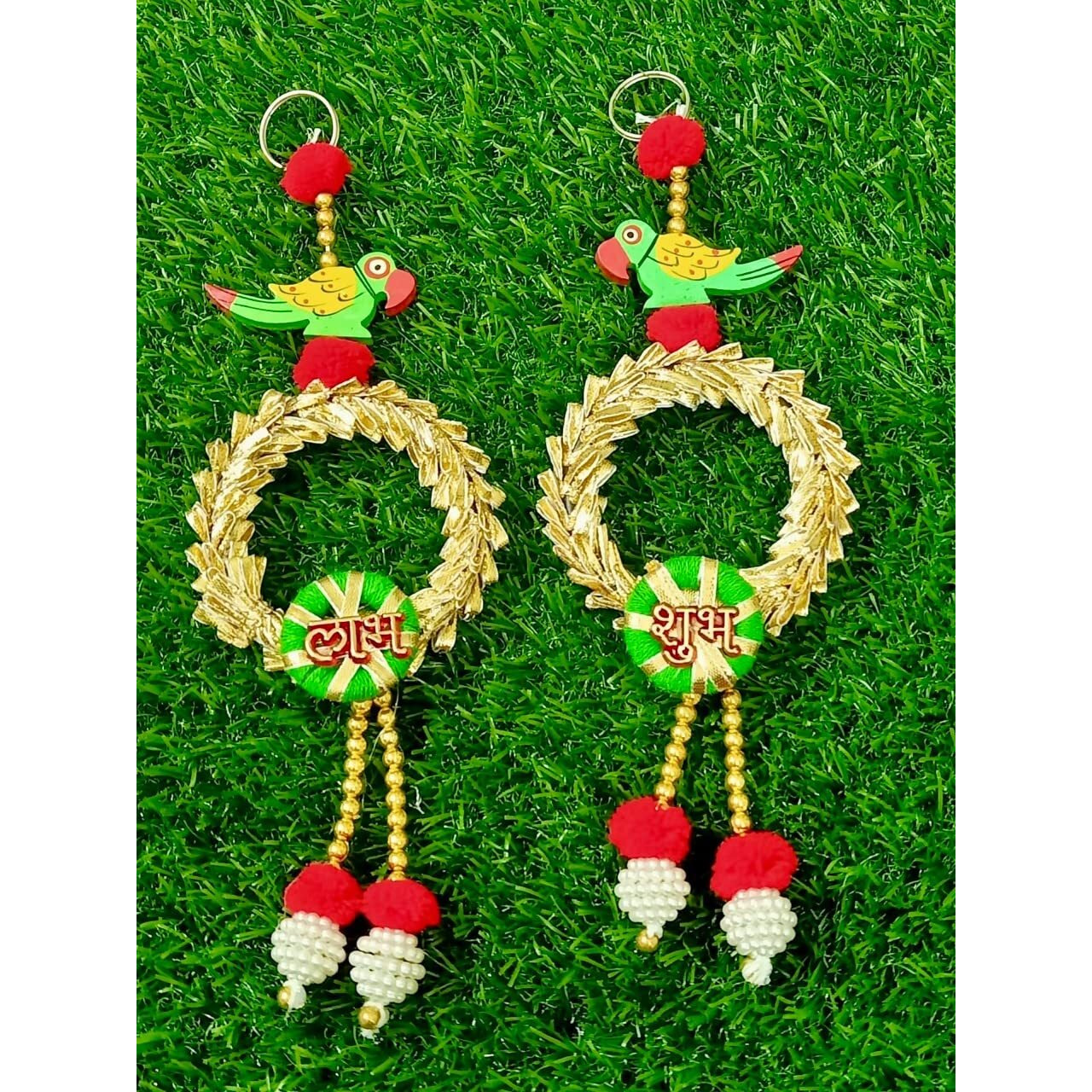 Smizzy Diwali Decoration Items for Home Decor Shubh Labh Wall Hanging Toran for Door Entrance Pooja Room Parrot Garlands for Diwali Home Decoration Pooja, Set of 2, Red