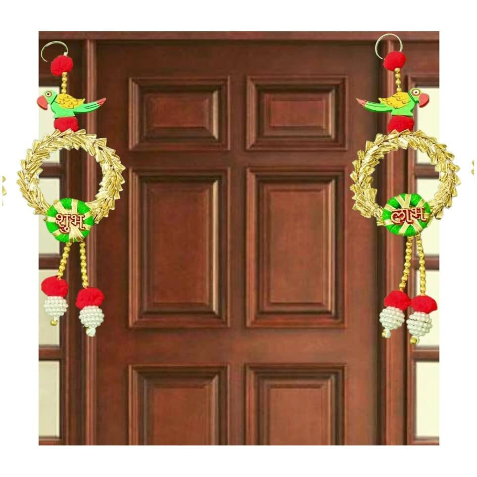 Smizzy Diwali Decoration Items for Home Decor Shubh Labh Wall Hanging Toran for Door Entrance Pooja Room Parrot Garlands for Diwali Home Decoration Pooja, Set of 2, Red