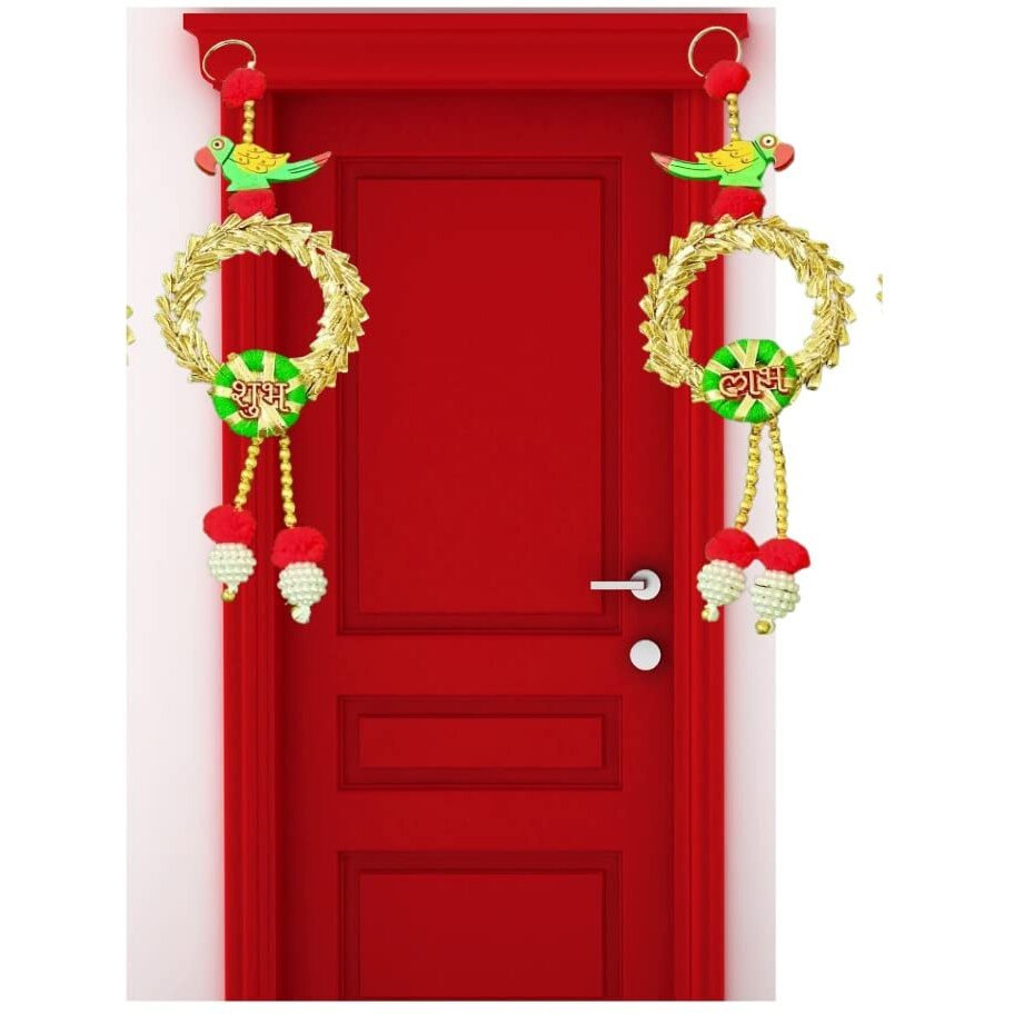 Smizzy Diwali Decoration Items for Home Decor Shubh Labh Wall Hanging Toran for Door Entrance Pooja Room Parrot Garlands for Diwali Home Decoration Pooja, Set of 2, Red