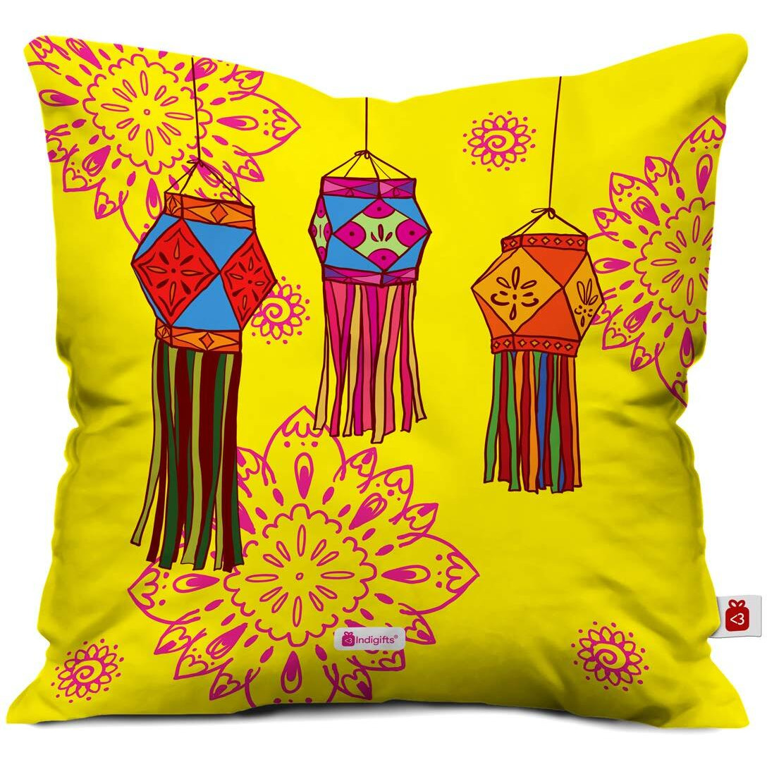 Indigifts Diwali Gift Items Traditional Doodle Print Cushion Cover 12x12 inch Set of 2 with Filler - Diwali Decoration Items| Diwali Gifts for Family and Friends| Deepawali Greetings