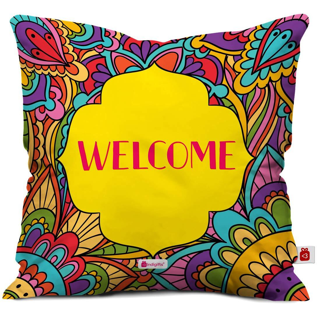 Indigifts Diwali Gift Items Traditional Doodle Print Cushion Cover 12x12 inch Set of 2 with Filler - Diwali Decoration Items| Diwali Gifts for Family and Friends| Deepawali Greetings