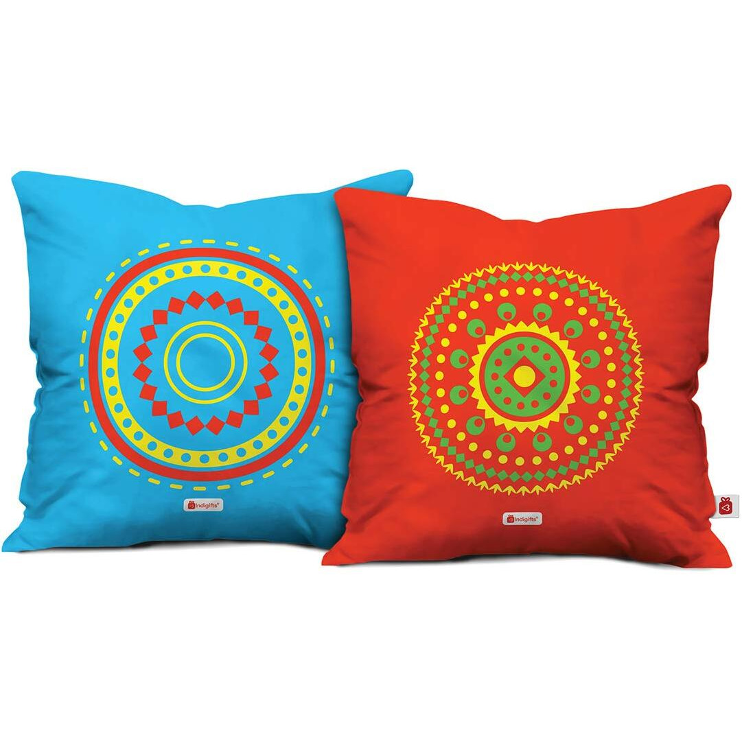 Indigifts Diwali Gift Items Decorative Colorful Mandala Print Cushion Cover 12x12 inch Set of 2 with Filler - Diwali Decoration Items, Diwali Gifts for Family and Friends, Deepawali Greetings