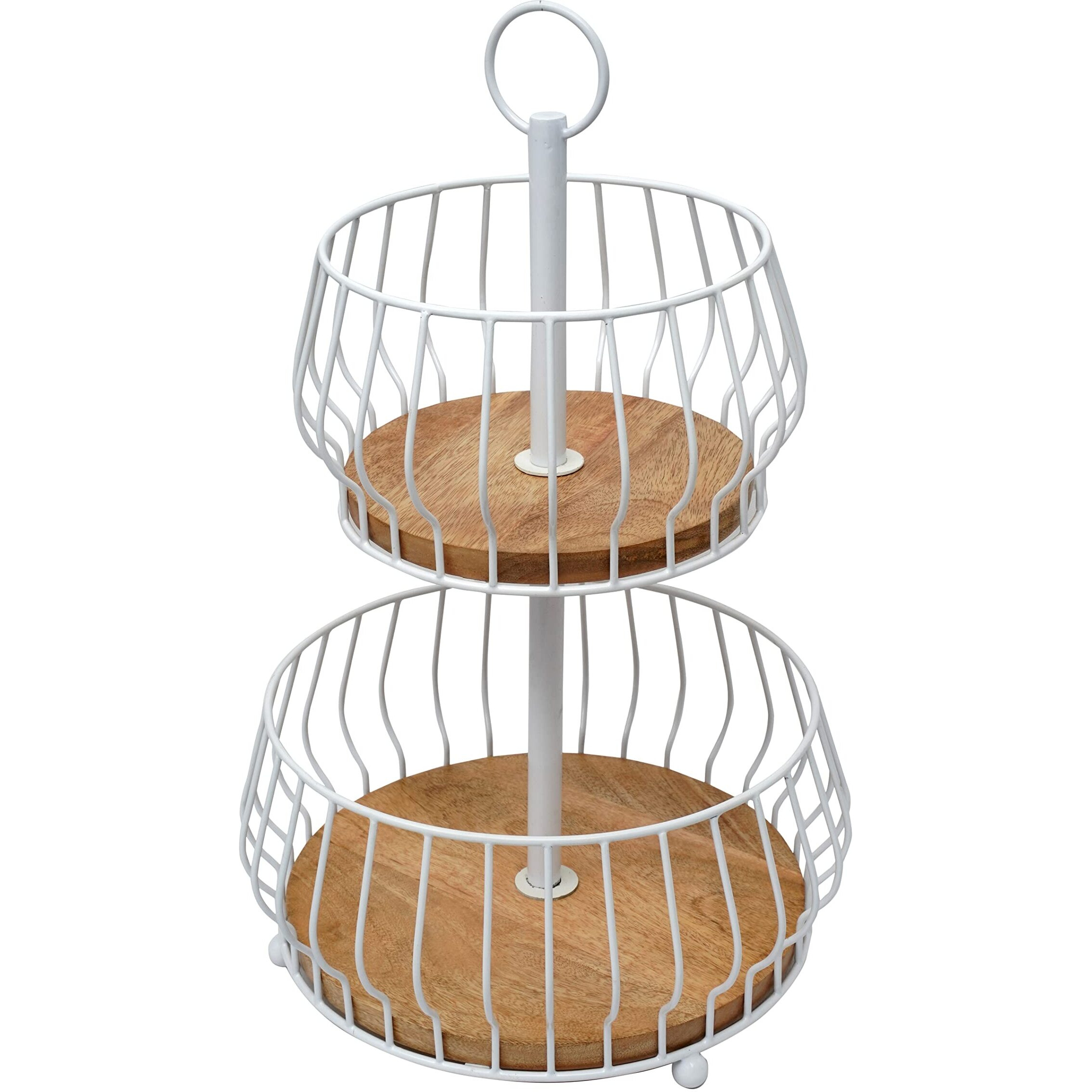 Craft Brio -A TRENDY HANDICRAFTS Metal Wood 2 Tier Basket Countertop Fruit Vegetables Rack Decorative White Wire Natural Wood Basket Diwali Bowl Storage Organizer for Kitchen Home (Size 10X18H)