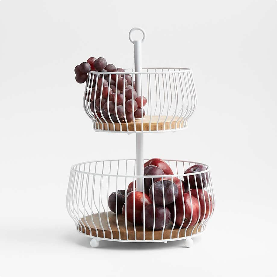 Craft Brio -A TRENDY HANDICRAFTS Metal Wood 2 Tier Basket Countertop Fruit Vegetables Rack Decorative White Wire Natural Wood Basket Diwali Bowl Storage Organizer for Kitchen Home (Size 10X18H)
