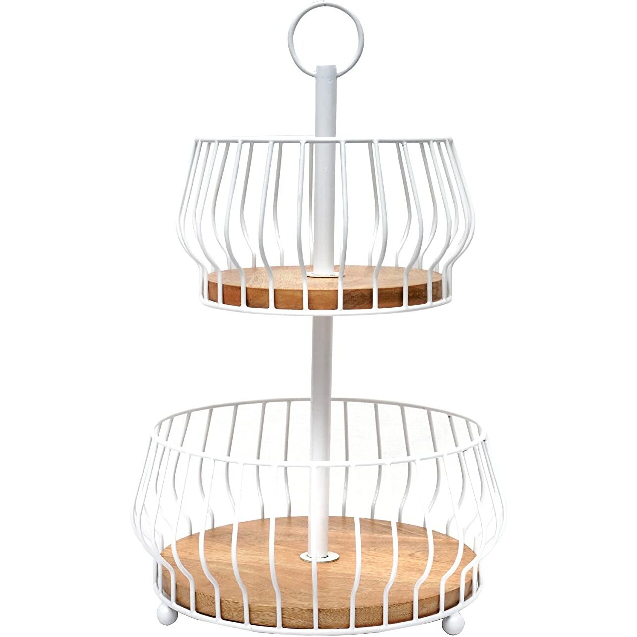 Craft Brio -A TRENDY HANDICRAFTS Metal Wood 2 Tier Basket Countertop Fruit Vegetables Rack Decorative White Wire Natural Wood Basket Diwali Bowl Storage Organizer for Kitchen Home (Size 10X18H)