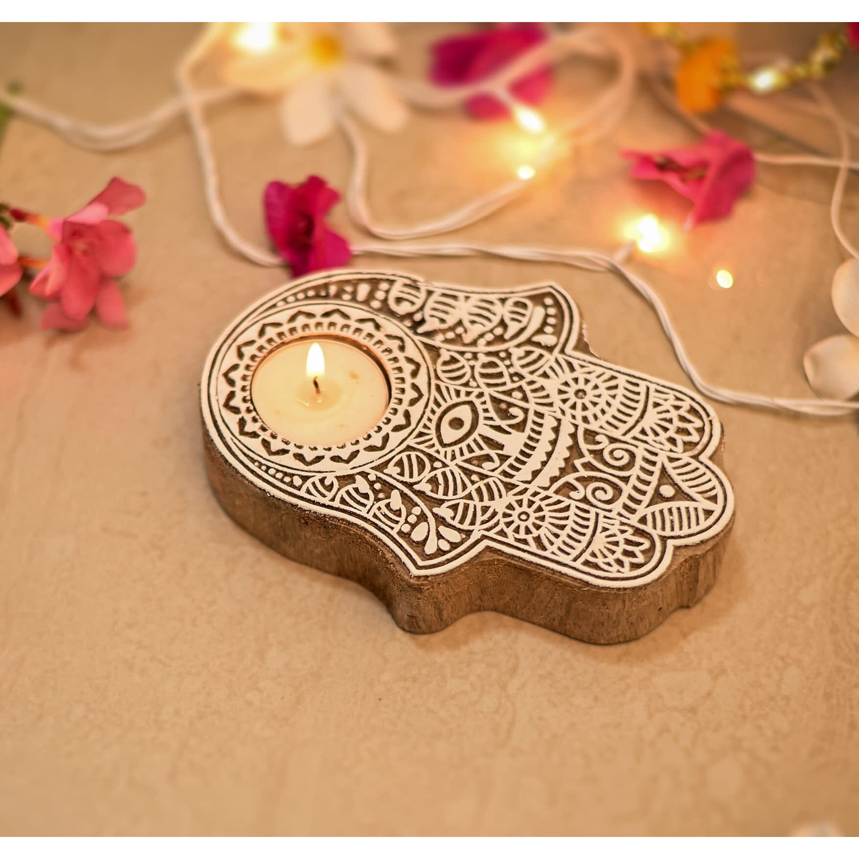 CraftVatika Set of 2 Wooden Hand Design Tea Light Candle Holder Stand Handmade Wooden Block Print Hand Shaped Tlight for Diwali Handicraft Decoration Items Candle Holder Set Stand for Indoor Decor