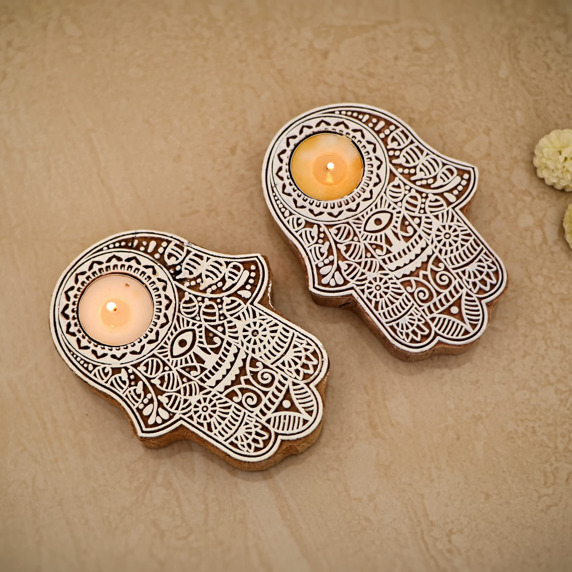 CraftVatika Set of 2 Wooden Hand Design Tea Light Candle Holder Stand Handmade Wooden Block Print Hand Shaped Tlight for Diwali Handicraft Decoration Items Candle Holder Set Stand for Indoor Decor