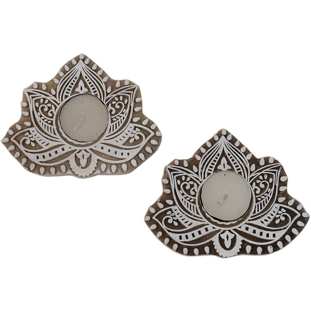 CraftVatika Wooden Lotus Tea Light Candle Holder Stand for Diwali Home Decoration Item Wooden Lotus Shaped Block Mandala Stamp Printing Candle Tlight Set of 2