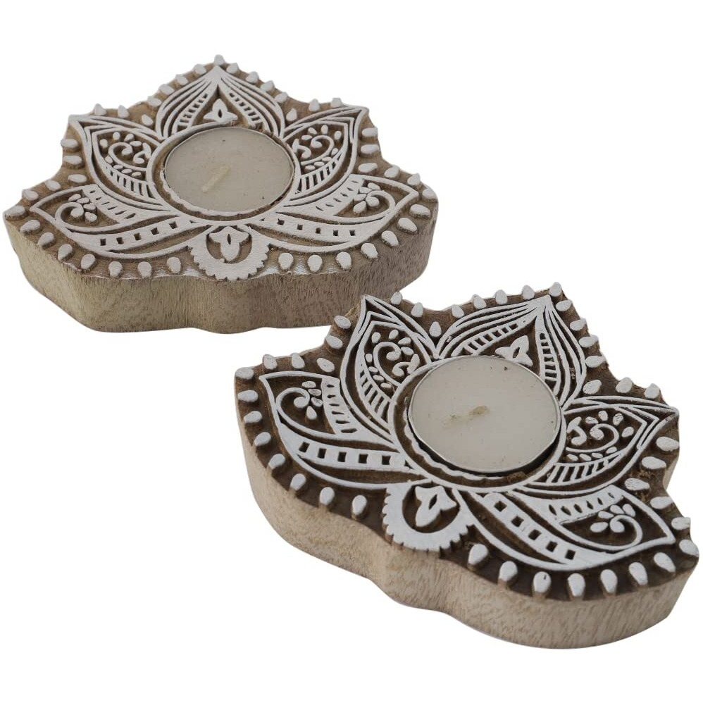 CraftVatika Wooden Lotus Tea Light Candle Holder Stand for Diwali Home Decoration Item Wooden Lotus Shaped Block Mandala Stamp Printing Candle Tlight Set of 2
