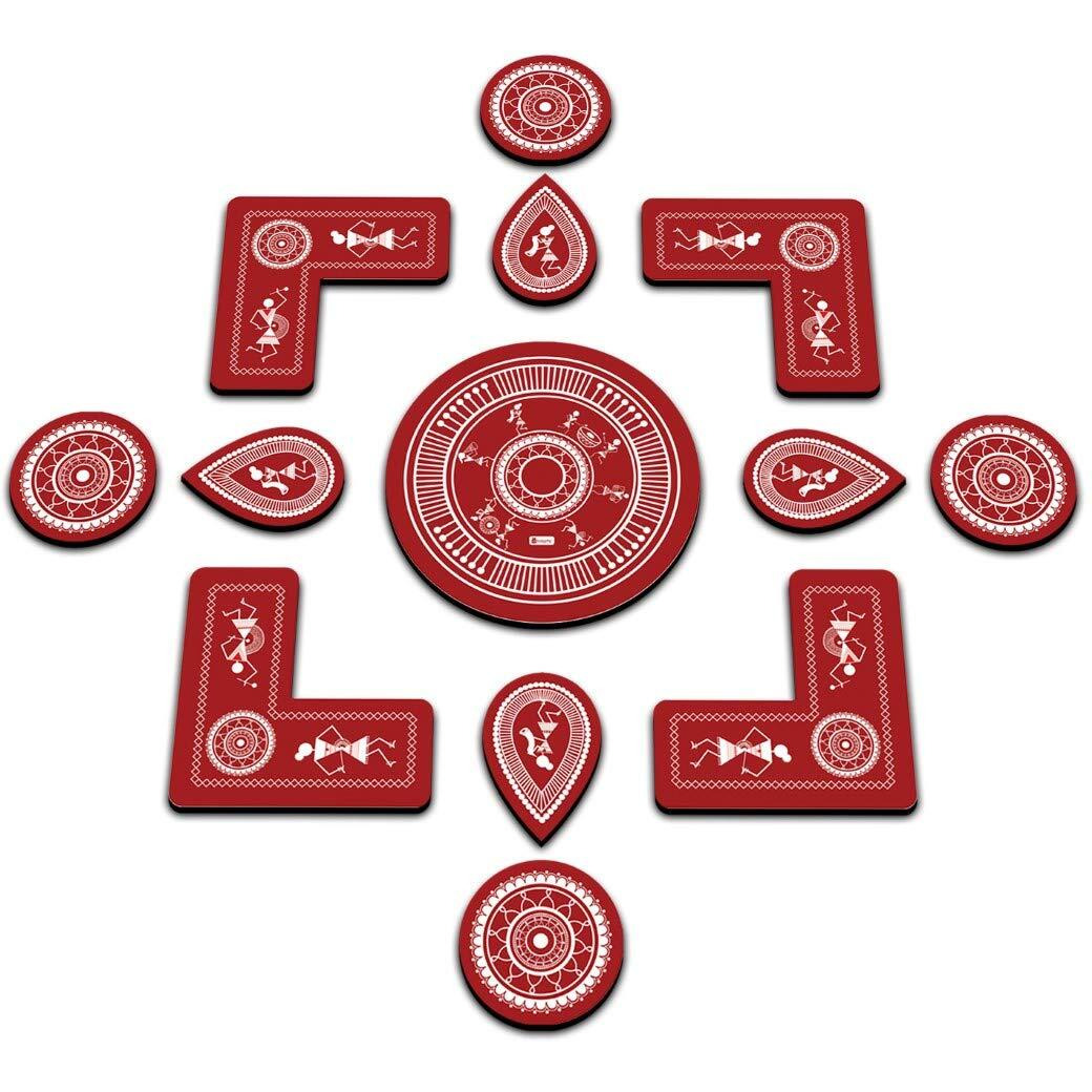 Indigifts Warli Art Mandala Print DIY Rangoli for Floor Decoration - Diwali Rangoli Decoration | 13 Piece Wooden Rangoli | 1 Big Circle| 4 Small Circle| 4 L Shape Pieces and 4 Leaf Shapes