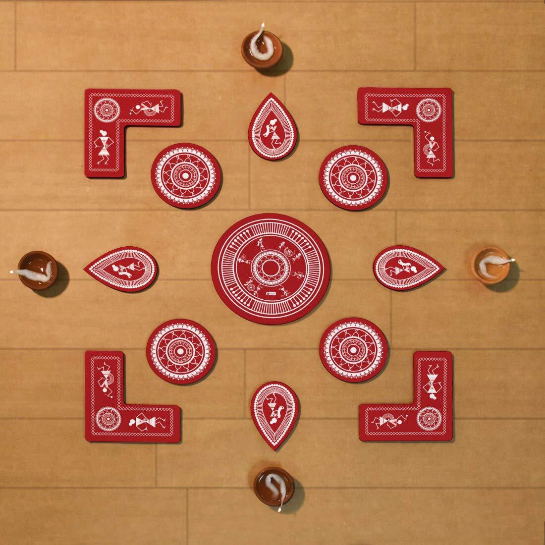 Indigifts Warli Art Mandala Print DIY Rangoli for Floor Decoration - Diwali Rangoli Decoration | 13 Piece Wooden Rangoli | 1 Big Circle| 4 Small Circle| 4 L Shape Pieces and 4 Leaf Shapes