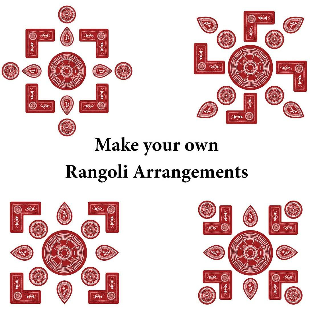 Indigifts Warli Art Mandala Print DIY Rangoli for Floor Decoration - Diwali Rangoli Decoration | 13 Piece Wooden Rangoli | 1 Big Circle| 4 Small Circle| 4 L Shape Pieces and 4 Leaf Shapes
