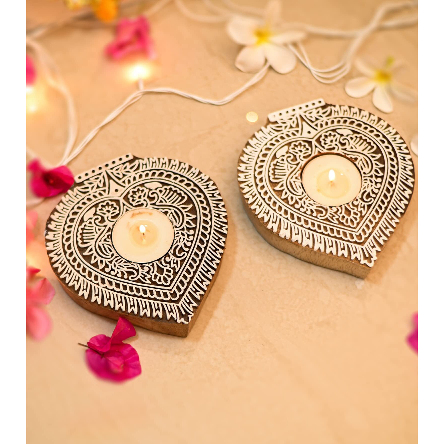 CraftVatika Wooden Tea Light Candle Holder Stand for Diwali Handmade Wooden Block Print Betel Leaf Shaped Tlight for Deepawali Decoration Items Candle Holder Set Stand for Indoor Decor Set of 2