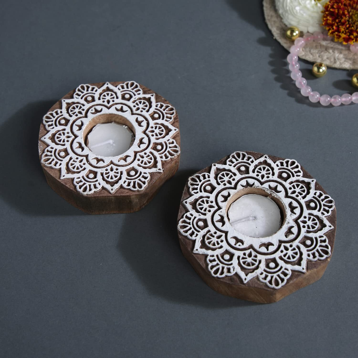 CraftVatika Handmade Wooden Tea Light Candle Holder Stand for Diwali Handpainted Wooden Block Print Round Shaped Tlight for Deepawali Decoration Items Candle Holder Set Stand for Indoor Decor Set of 2