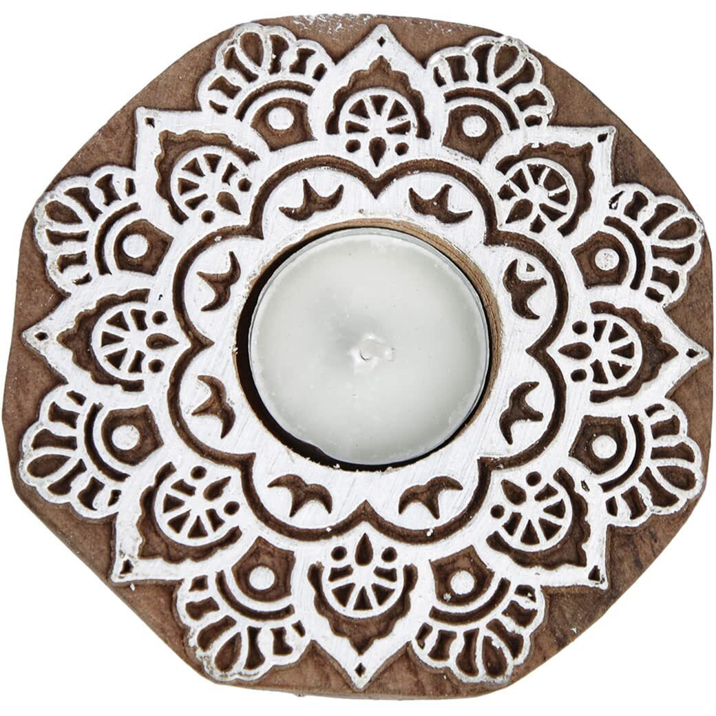 CraftVatika Handmade Wooden Tea Light Candle Holder Stand for Diwali Handpainted Wooden Block Print Round Shaped Tlight for Deepawali Decoration Items Candle Holder Set Stand for Indoor Decor Set of 2