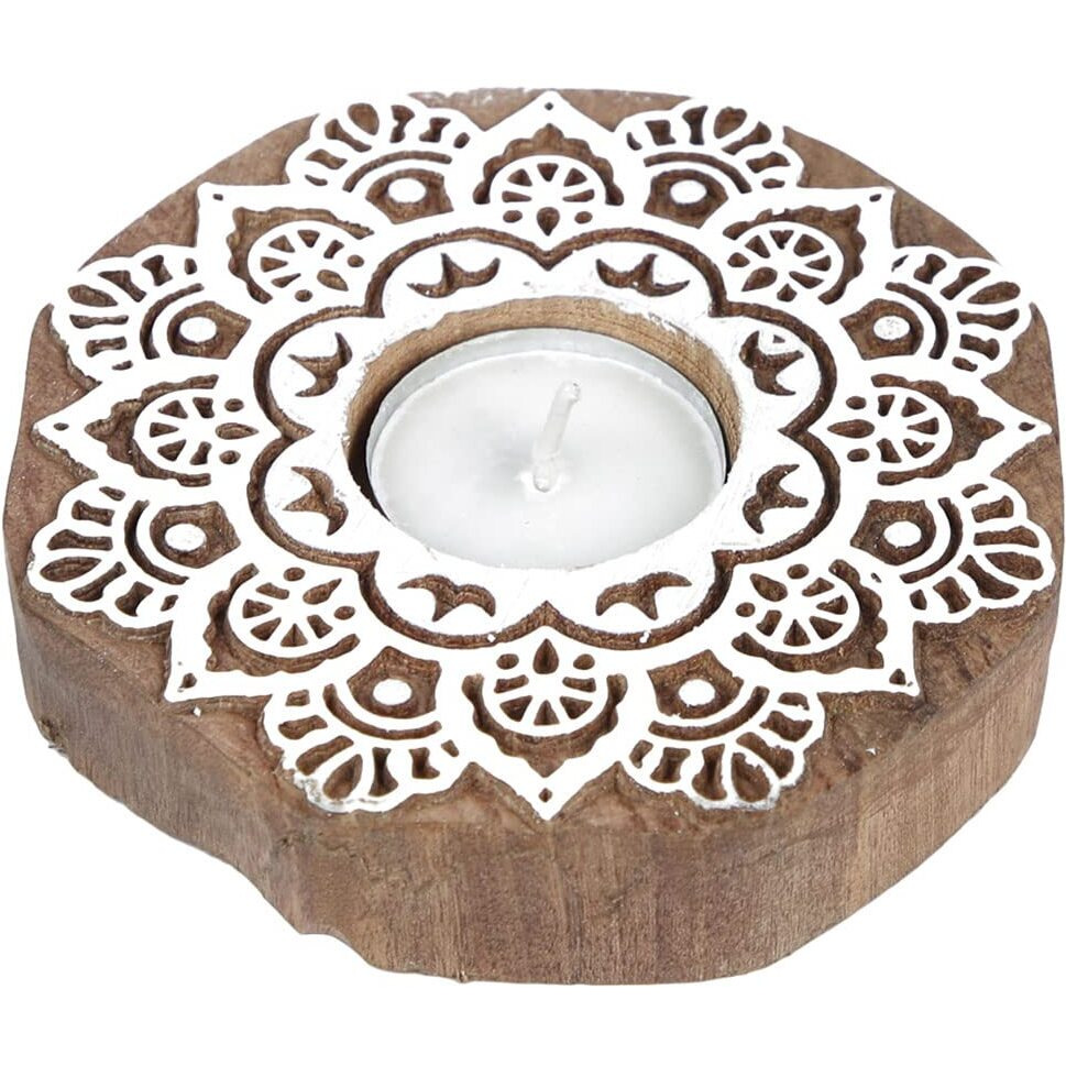 CraftVatika Handmade Wooden Tea Light Candle Holder Stand for Diwali Handpainted Wooden Block Print Round Shaped Tlight for Deepawali Decoration Items Candle Holder Set Stand for Indoor Decor Set of 2