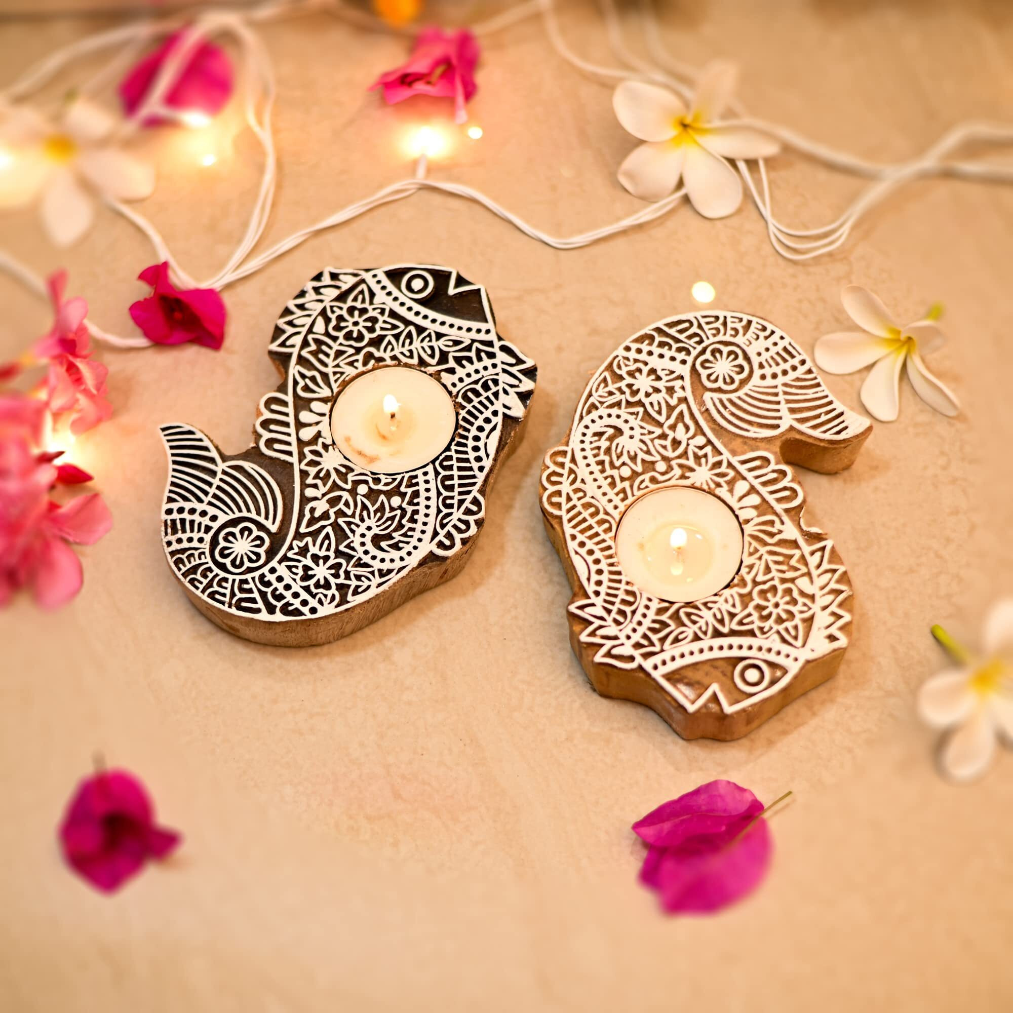 CraftVatika Wooden Fish Design Tea Light Candle Holder Stand Handmade Wooden Block Print Fish Shaped Tlight for Diwali Handicraft Decoration Items Candle Holder Set Stand for Indoor Decor Set of 2