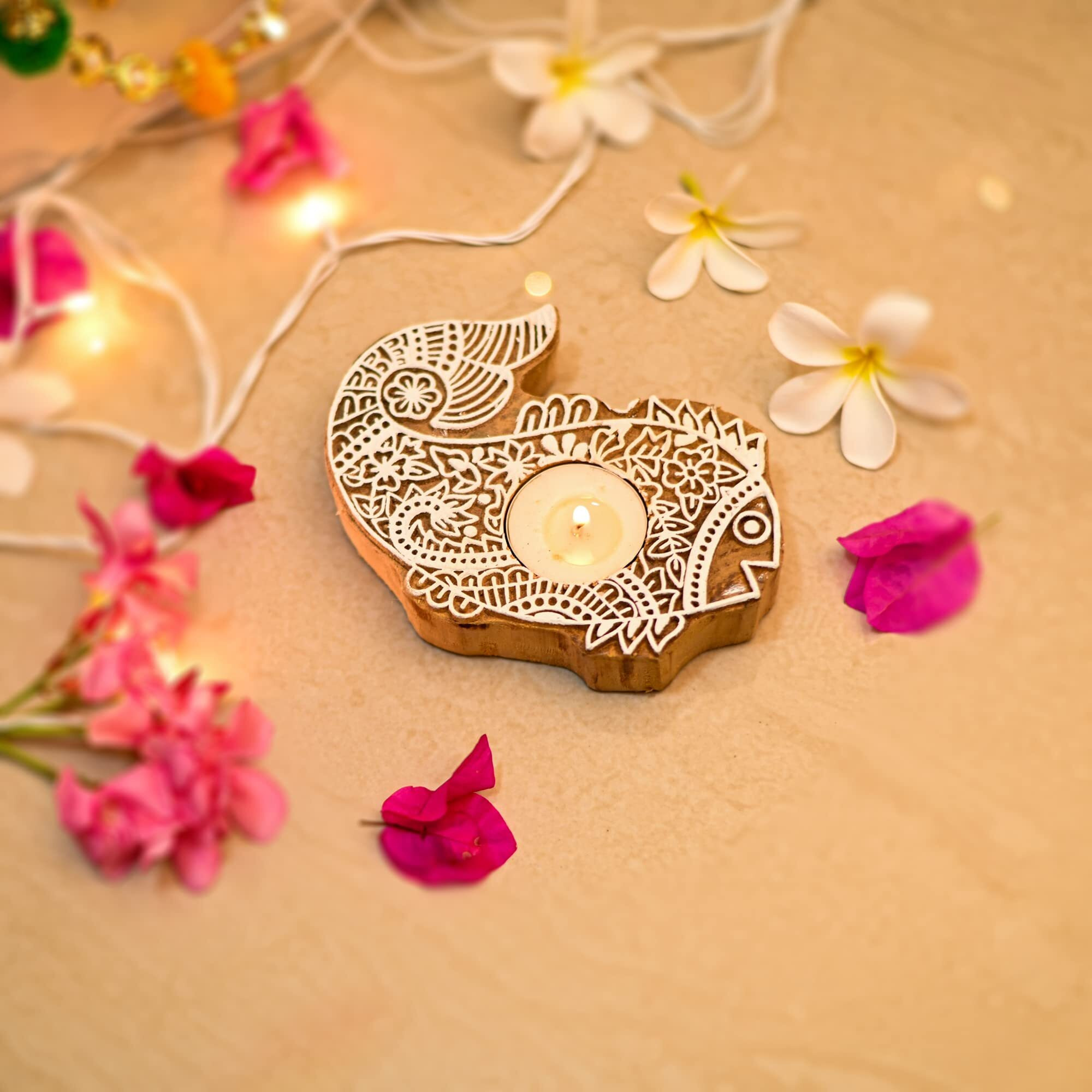 CraftVatika Wooden Fish Design Tea Light Candle Holder Stand Handmade Wooden Block Print Fish Shaped Tlight for Diwali Handicraft Decoration Items Candle Holder Set Stand for Indoor Decor Set of 2