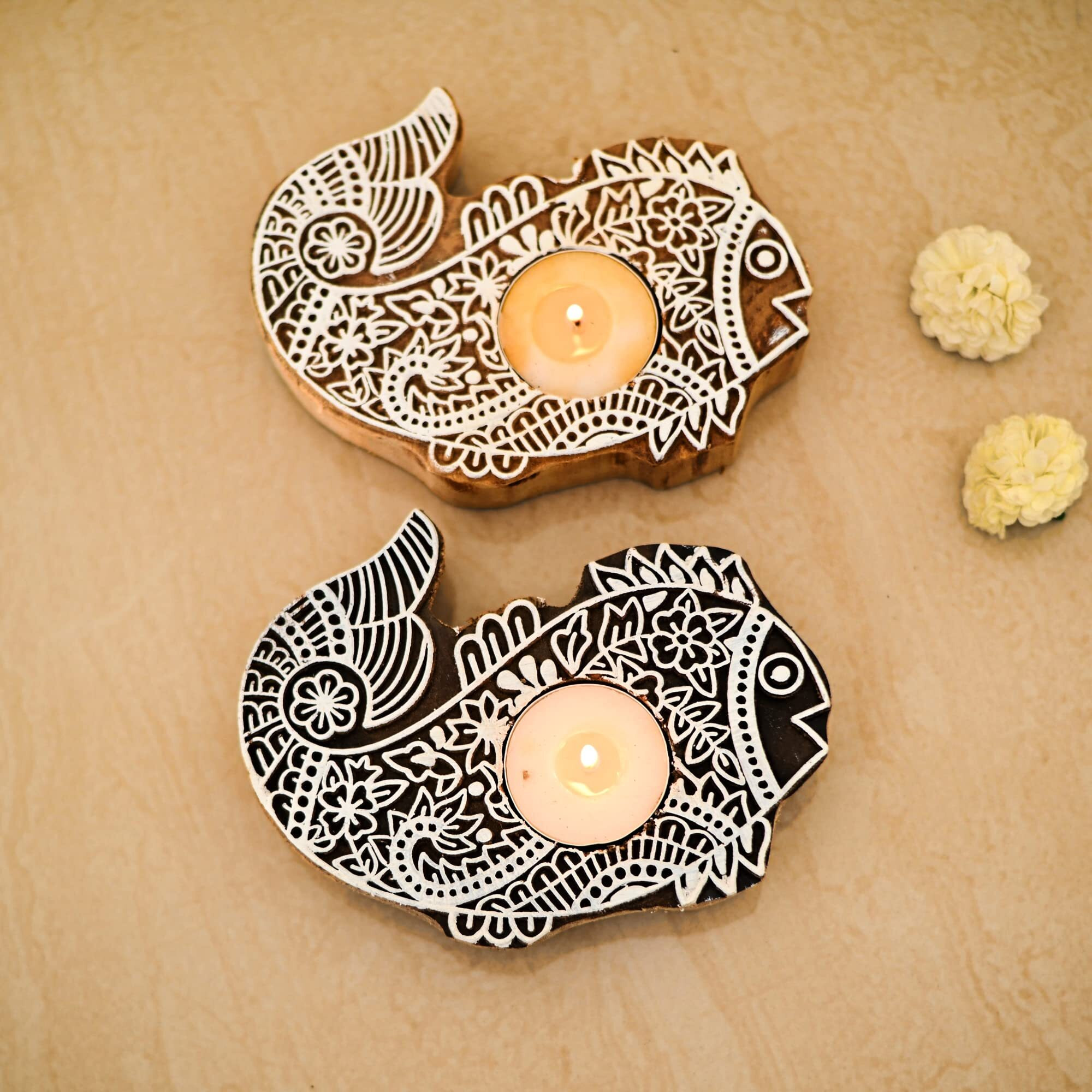CraftVatika Wooden Fish Design Tea Light Candle Holder Stand Handmade Wooden Block Print Fish Shaped Tlight for Diwali Handicraft Decoration Items Candle Holder Set Stand for Indoor Decor Set of 2