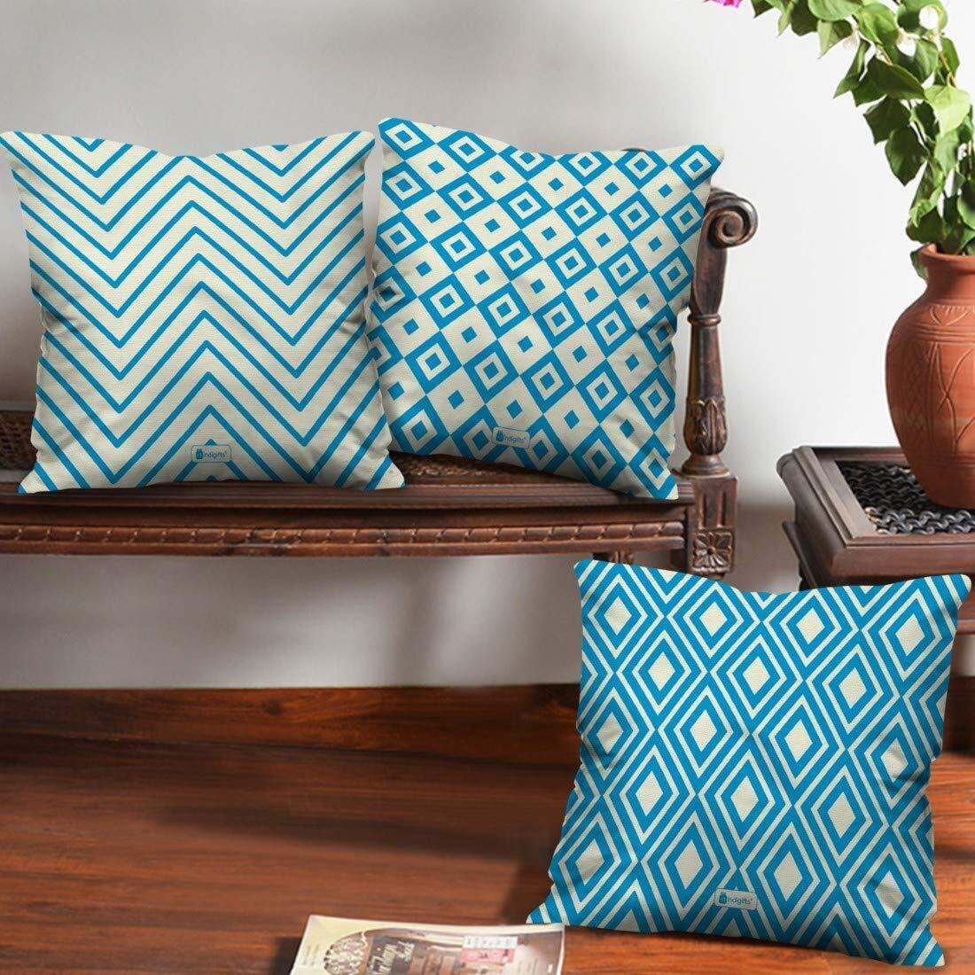 Indigifts Sofa Cushion Cover| Set of 3 Geometric Print Royal Cushion Cover Combo | Diwali | Cushion Cover Set of 3 | Diwali Decor Items | 3 Cushion Covers (Filler Not Included) | Size -16x16 inches