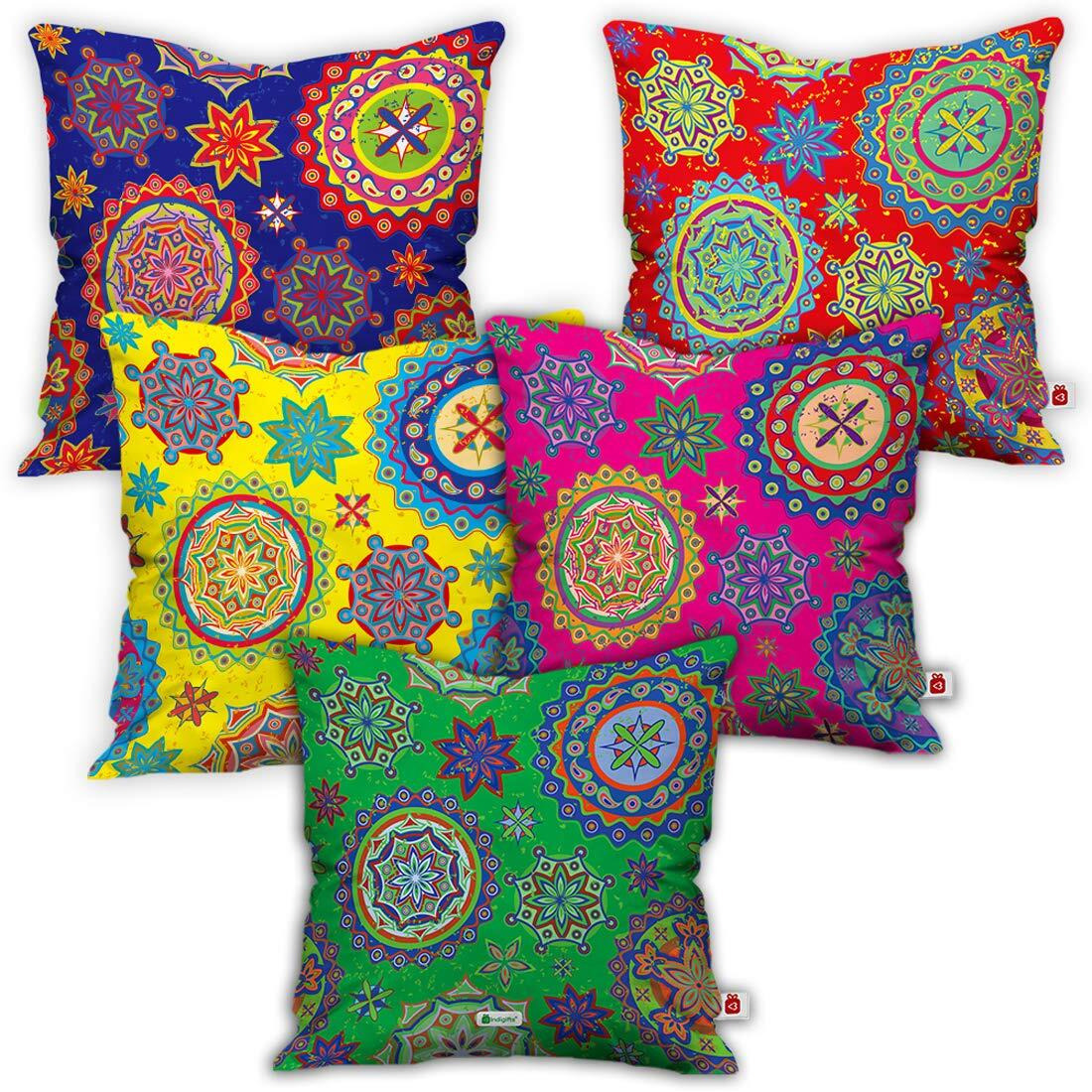Indigifts Diwali Gift Items Ethnic Rangoli with Mandala Print Set of 5 Cushion Covers 16x16 inch - Diwali Decoration Items| Diwali Gifts for Family and Friends| Deepawali Greetings