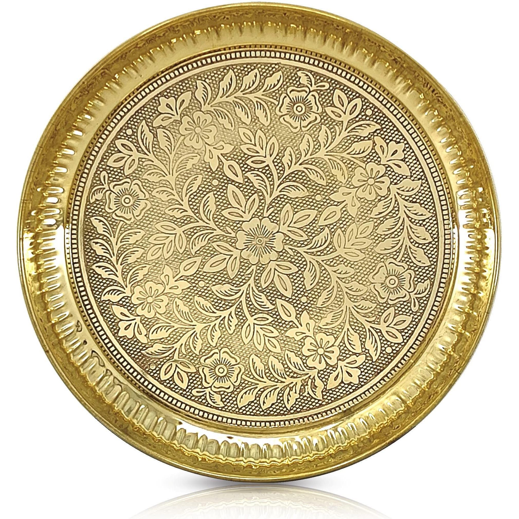 BENGALEN Brass Pooja Plate Puja Thali 12 Inch Arti Thali Set Traditional Designed Handcrafted Thal for Puja Ghar Home Office Mandir Diwali Weeding Return Gift Items