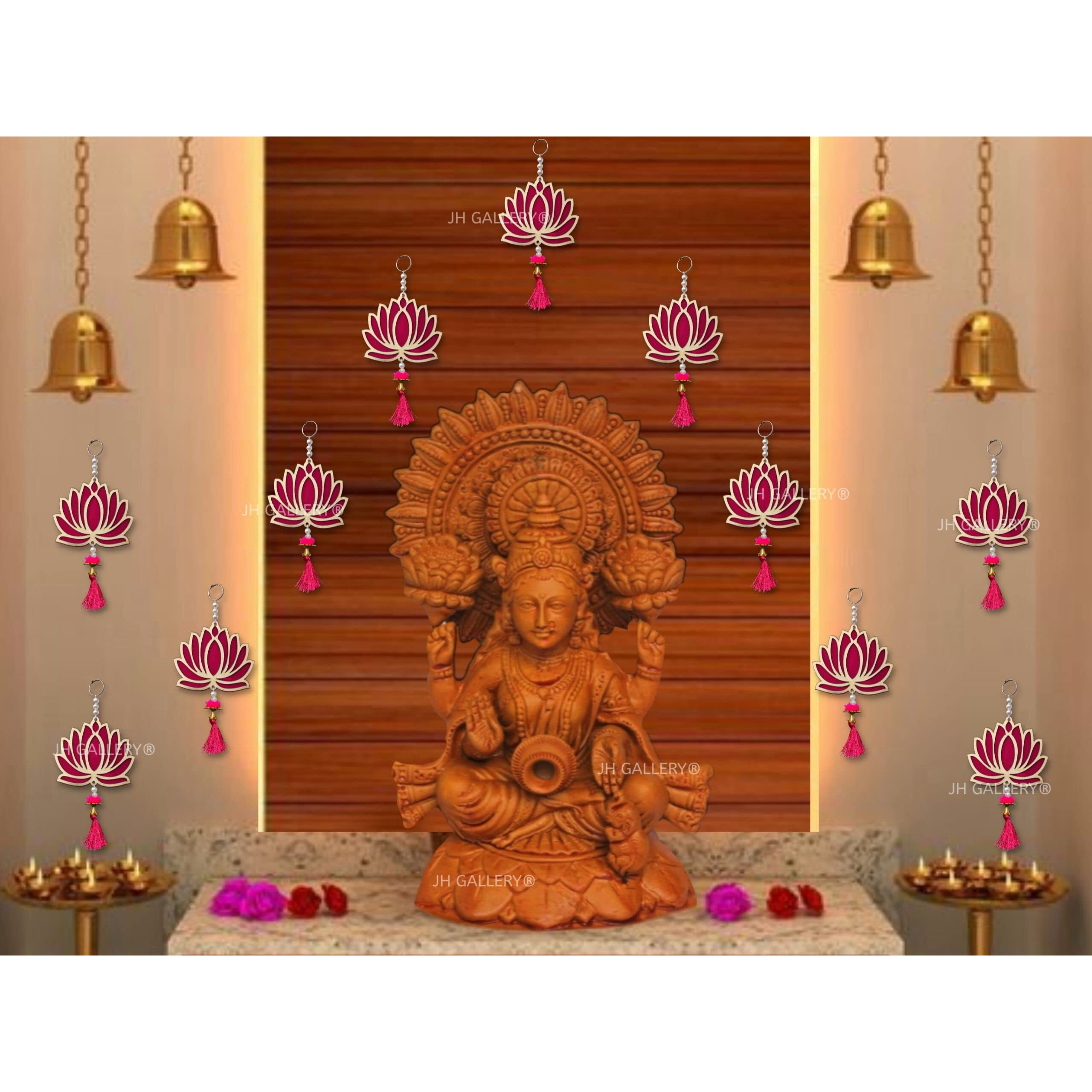 Jh Gallery Lotus Hangings For Decoration Floral Wall Hangings For Temple Decor, Mandir Decor Diwali Decor | Lotus Hangings For Decoration Pooja Decoration Items (Pack Of 12) - Wood