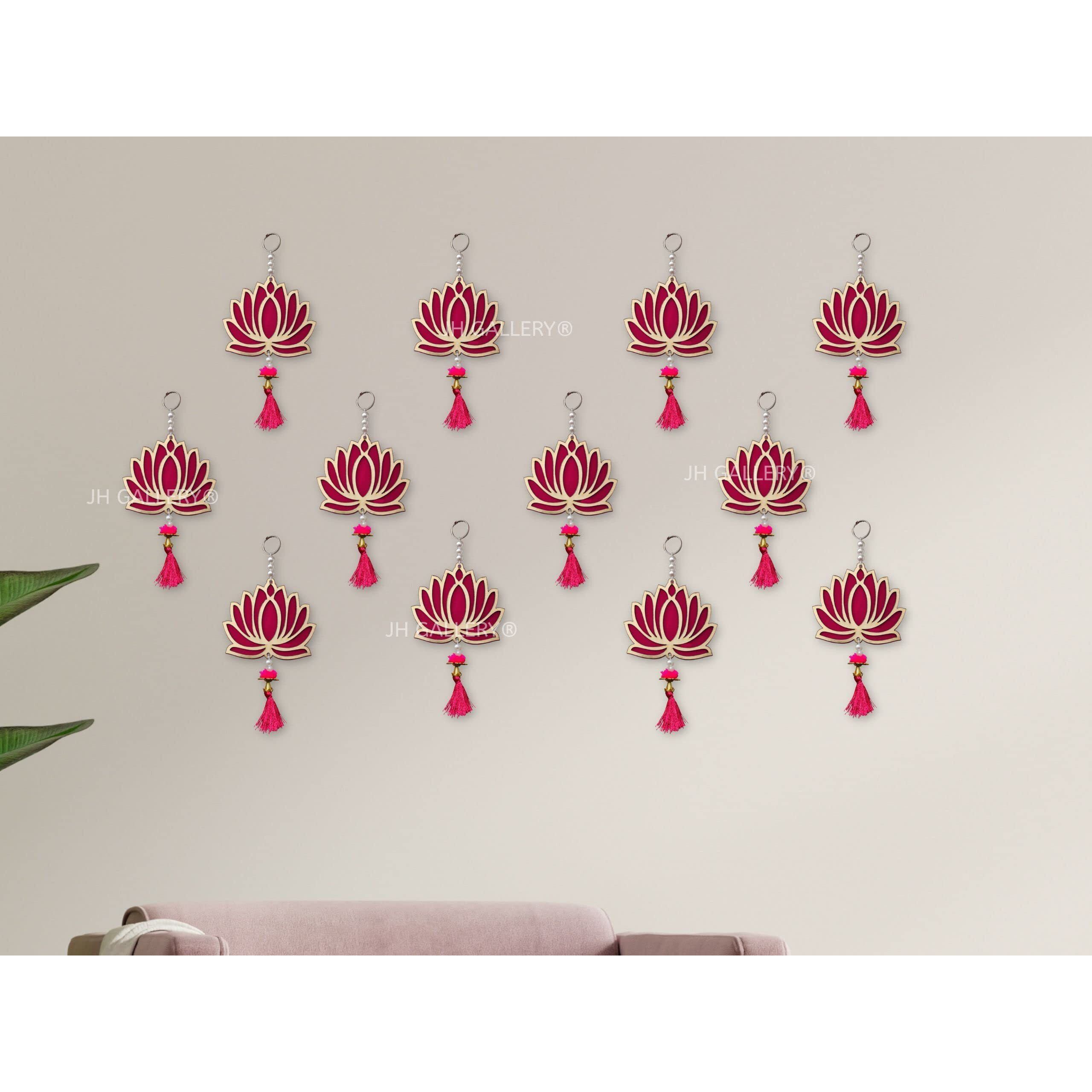 Jh Gallery Lotus Hangings For Decoration Floral Wall Hangings For Temple Decor, Mandir Decor Diwali Decor | Lotus Hangings For Decoration Pooja Decoration Items (Pack Of 12) - Wood