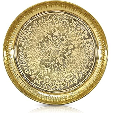 BENGALEN Brass Pooja Plate Puja Thali 9 Inch Arti Thali Set Traditional Designed Handcrafted Thal for Puja Ghar Home Office Mandir Diwali Weeding Return Gift Items