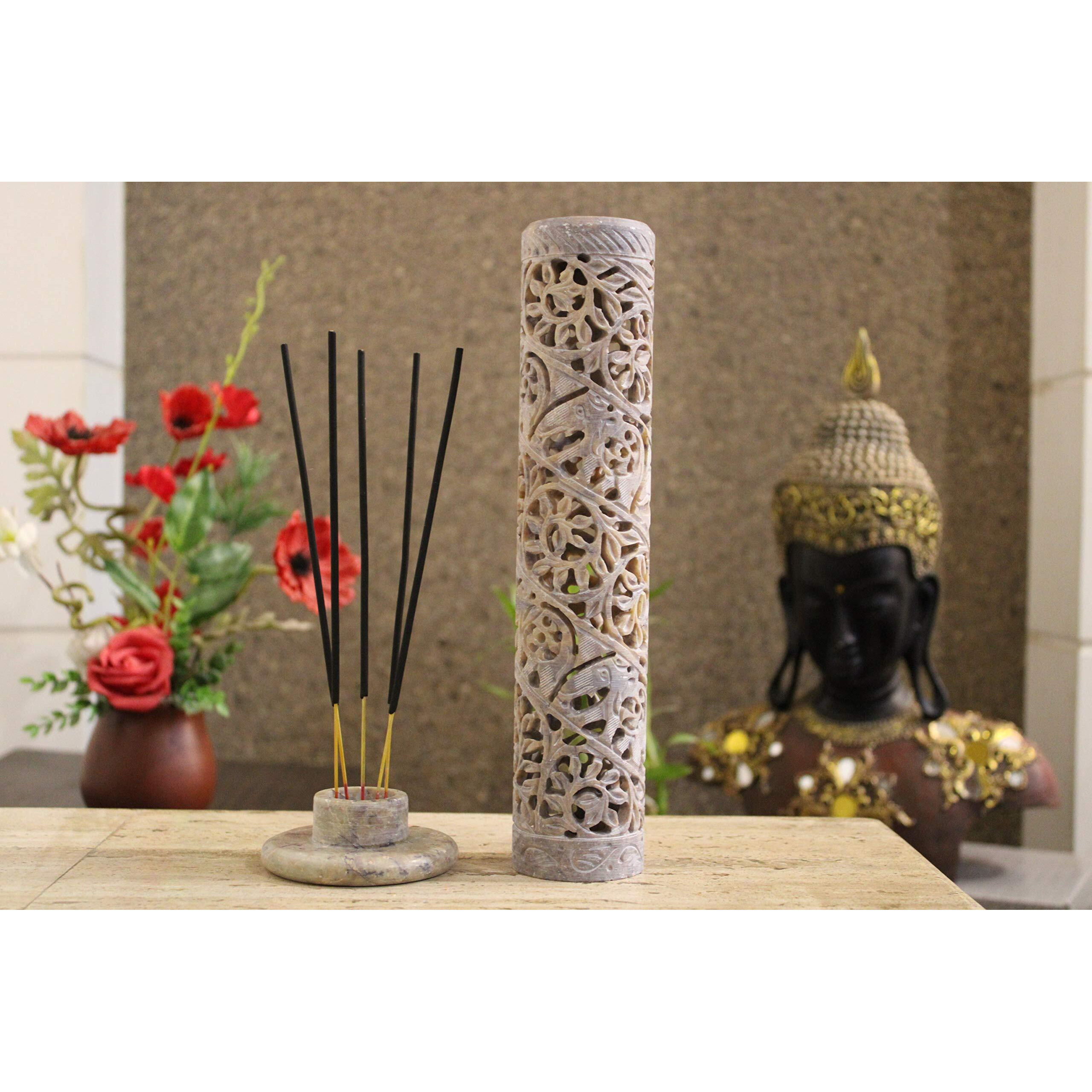 KC KULLICRAFT Handcrafted Soapstone Marble Work Incense Holder Tea Light Candle Holder Diffuser Agarbaati Stands ( 6 Incense Sticks White Musk Fragnance)(Cylindrical)