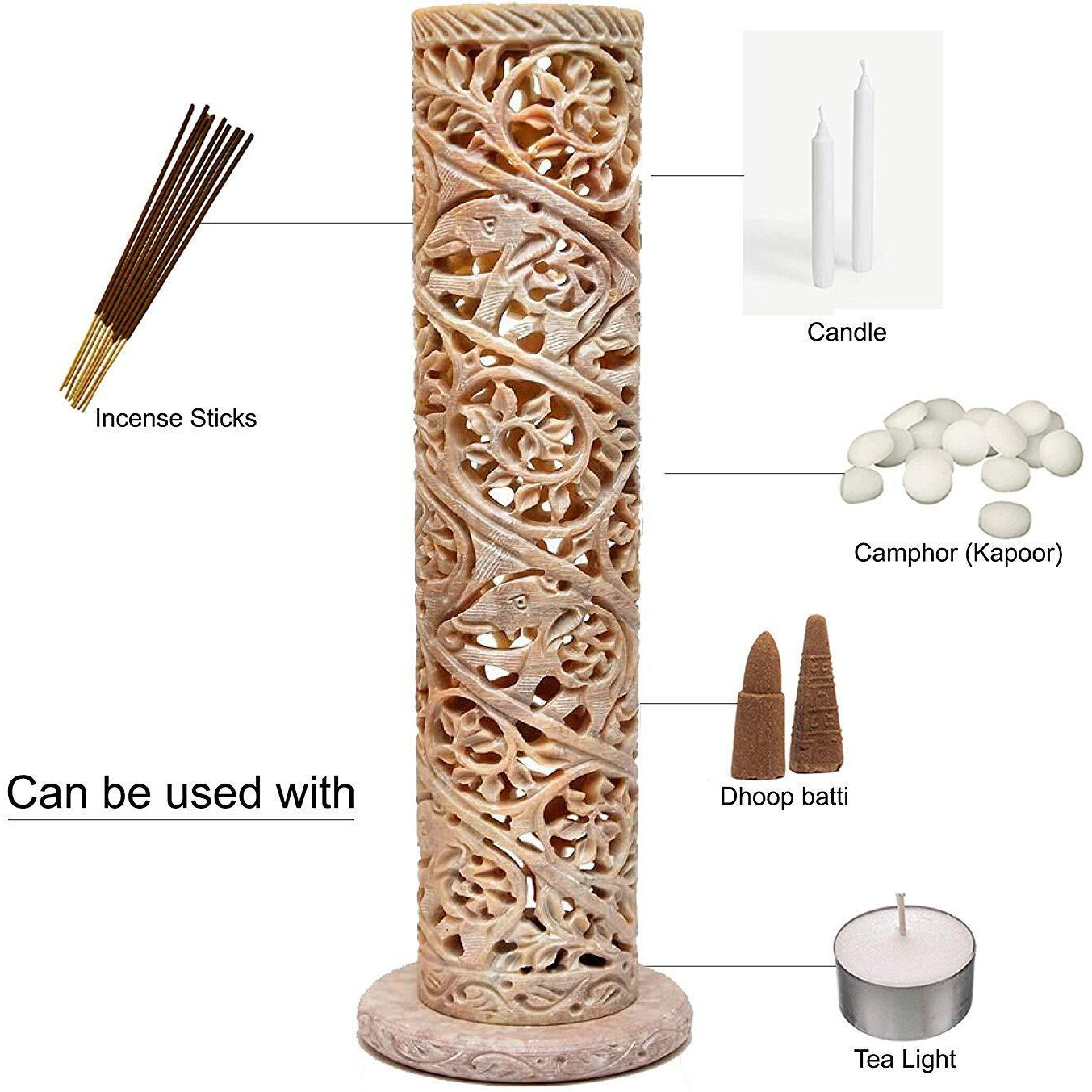 KC KULLICRAFT Handcrafted Soapstone Marble Work Incense Holder Tea Light Candle Holder Diffuser Agarbaati Stands ( 6 Incense Sticks White Musk Fragnance)(Cylindrical)