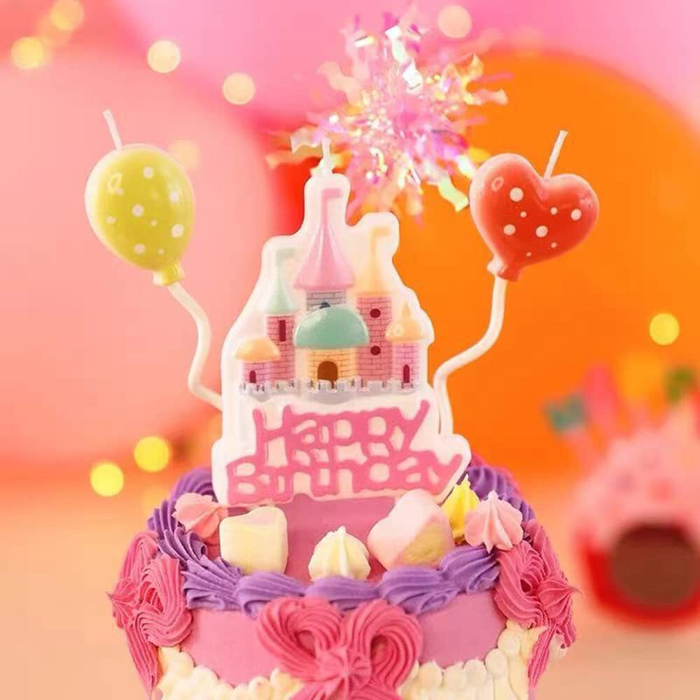 Castle Happy Birthday Candle Set,Fairy Tale Theme Baby Kids Children Happy Birthday Candles,Party Supplies,Cake Decoration (Pink)