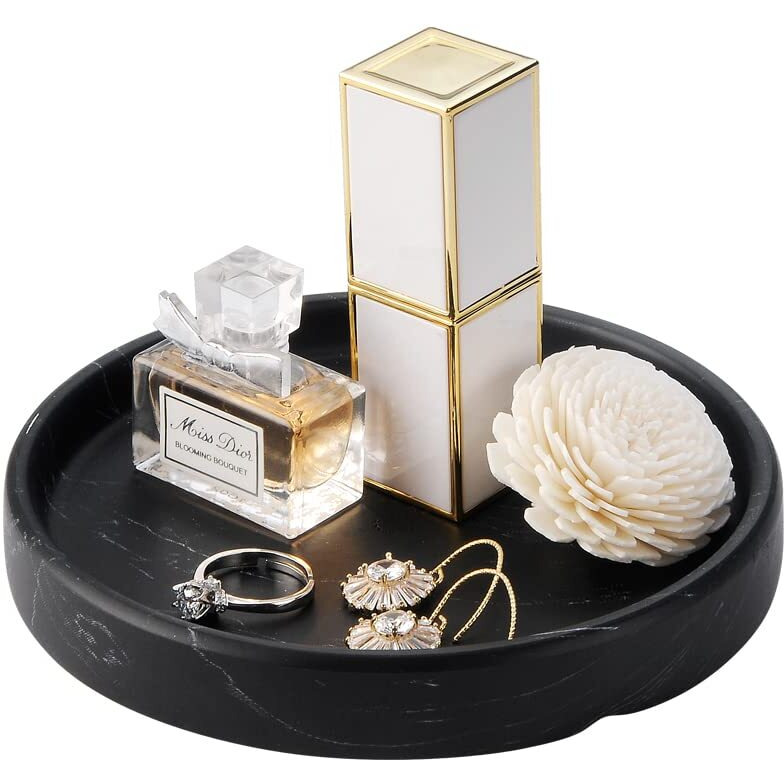 Elegant Marbled Round Jewelry Dish Key Holder, Black Ceramic Vanity Tray Bathroom Organizer for Soap Perfume Candle Small Plant, Mini Dresser Organizer Home Decor(Black, 4.5)