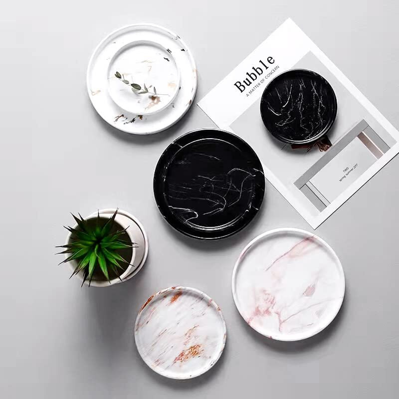 Elegant Marbled Round Jewelry Dish Key Holder, Black Ceramic Vanity Tray Bathroom Organizer for Soap Perfume Candle Small Plant, Mini Dresser Organizer Home Decor(Black, 4.5)