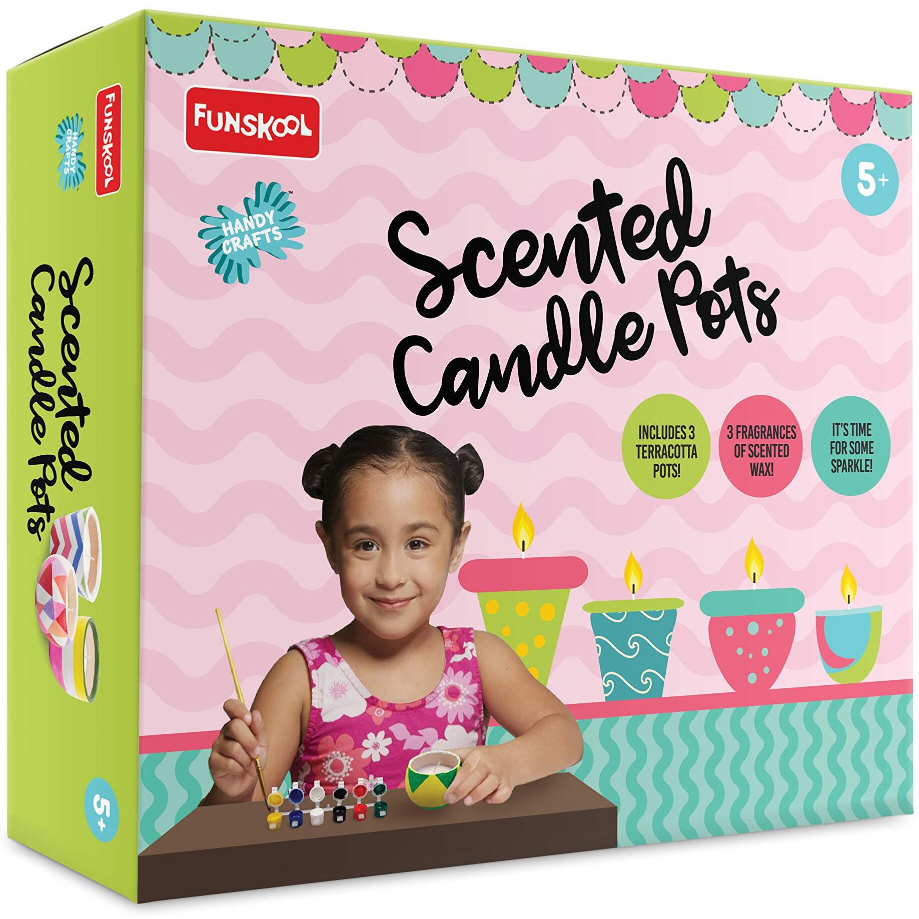 Funskool - Handycrafts Scented Candle Pots, Wax Candle Maker, Scents - French Vanilla, Green Apple, Lavender, Art and Craft Kit, Ages 5 Years and Above, Multicolour