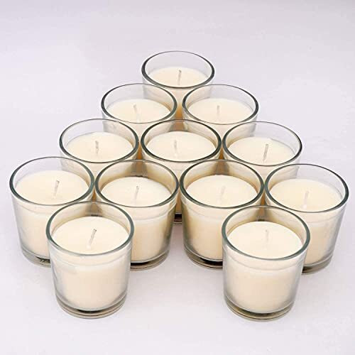 Ampliscent White Scented Glass Votive Candle - Set of 12 | Bulk Pack for Weddings, Bridal Showers or Home Parties and Centerpieces (Sandalwood)